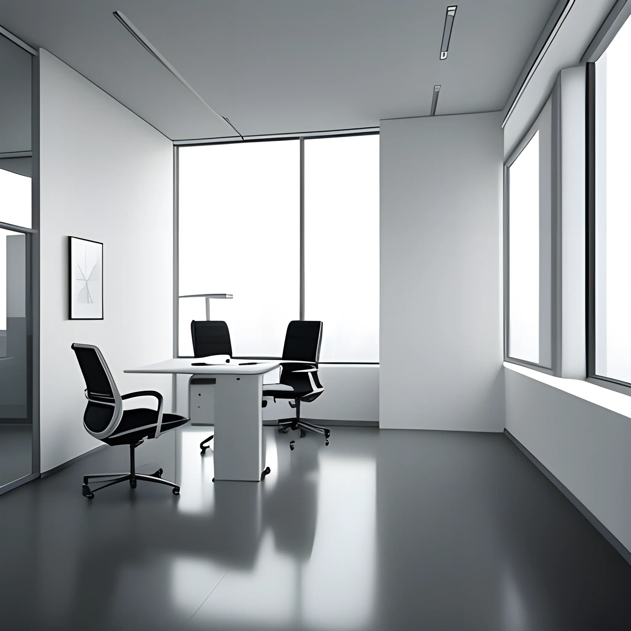 Realistic CEO Office Minimalist with Big glass windows and white an gray walls colour