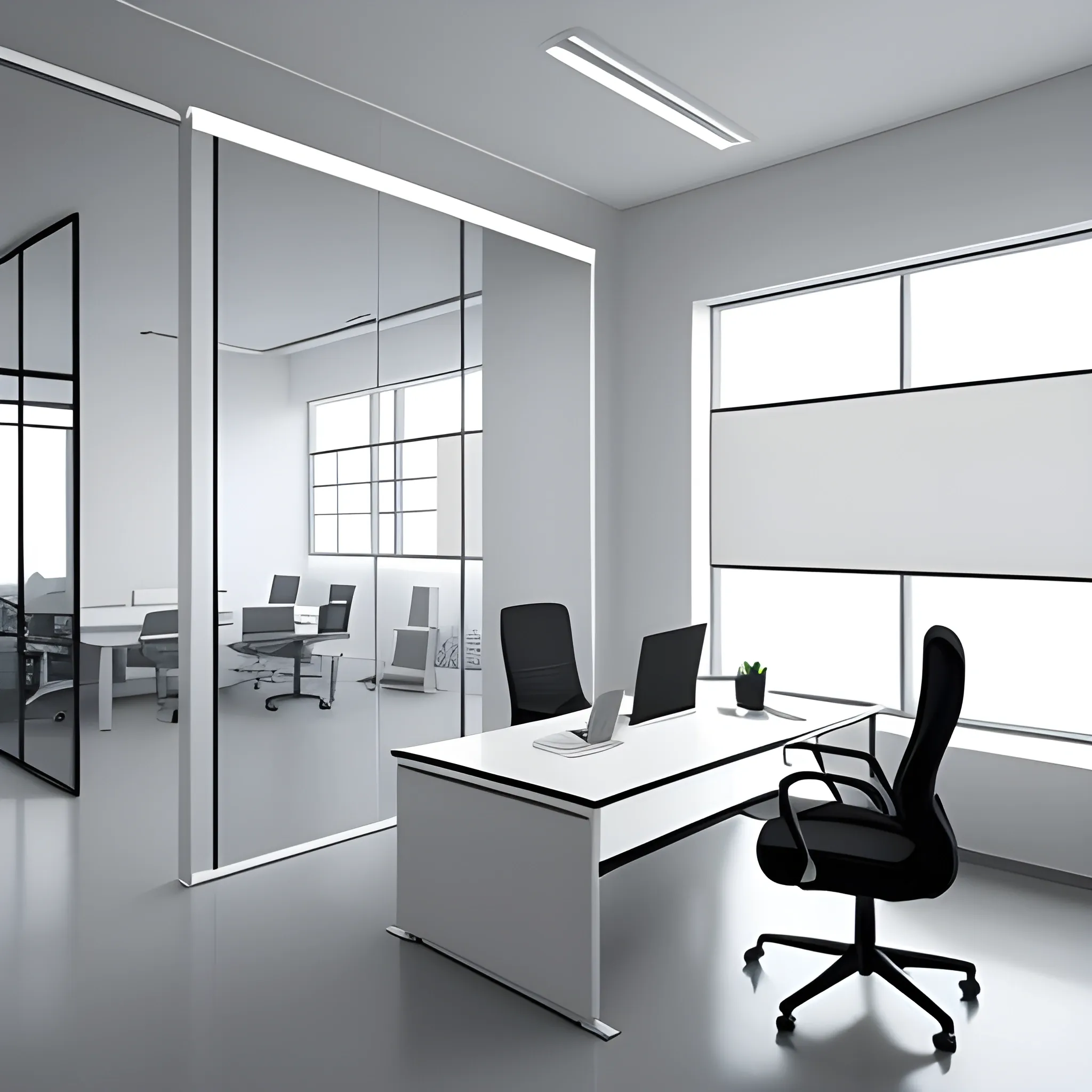 Realistic CEO Office Minimalist with Big glass windows and white an gray walls colour