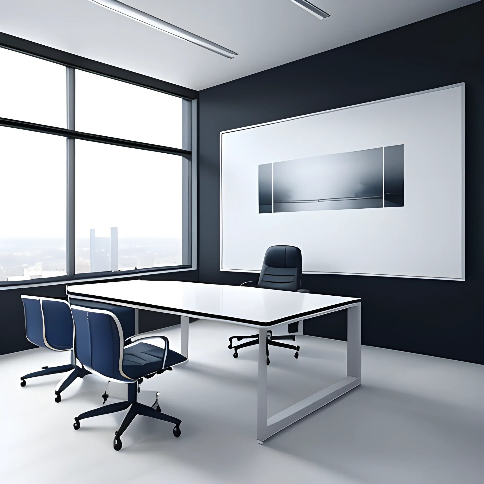 Realistic CEO Office Minimalist with Big glass windows and white, dark blue and gray walls colour, primary plane with ejecutive white wood table 