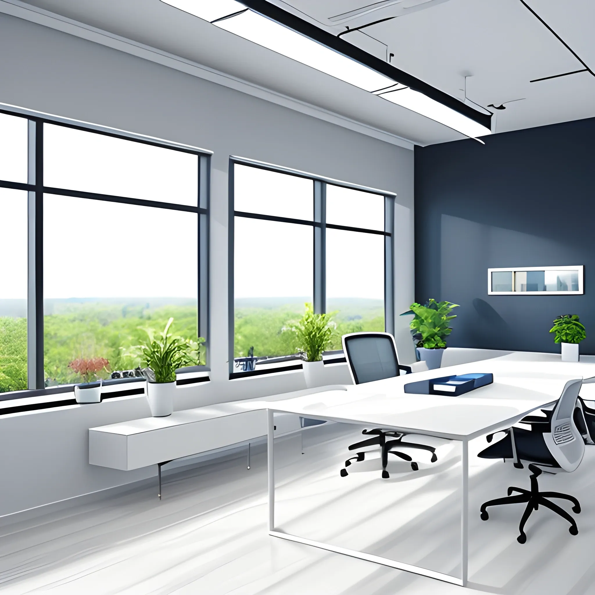 Realistic CEO Office Minimalist with Big glass windows and white, blue and gray walls colour, primary plane with ejecutive white wood table, and decorative plants 