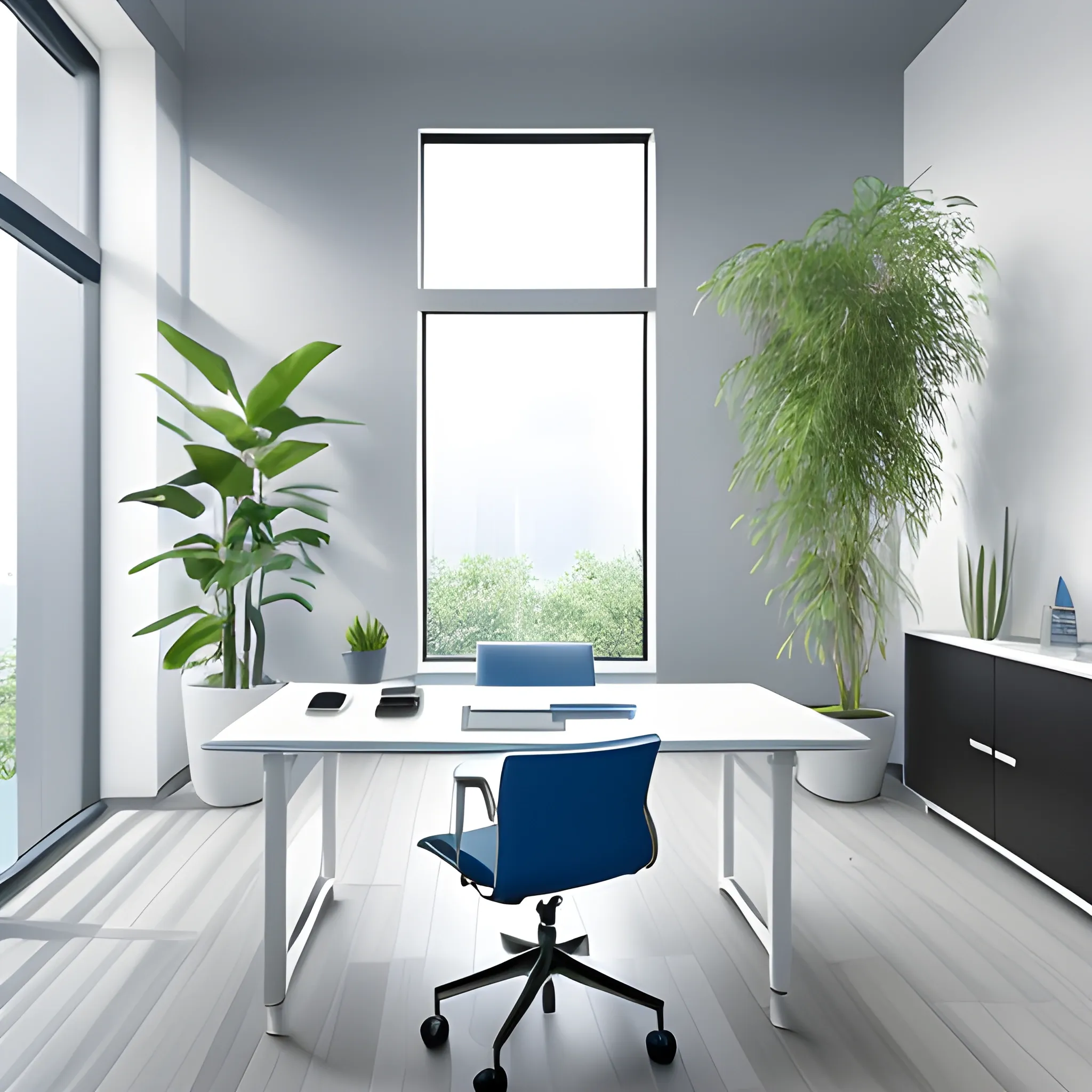 Realistic CEO Office Minimalist with Big glass windows and white, blue and gray walls colour, primary plane zoom on the ejecutive white wood table, and decorative plants 