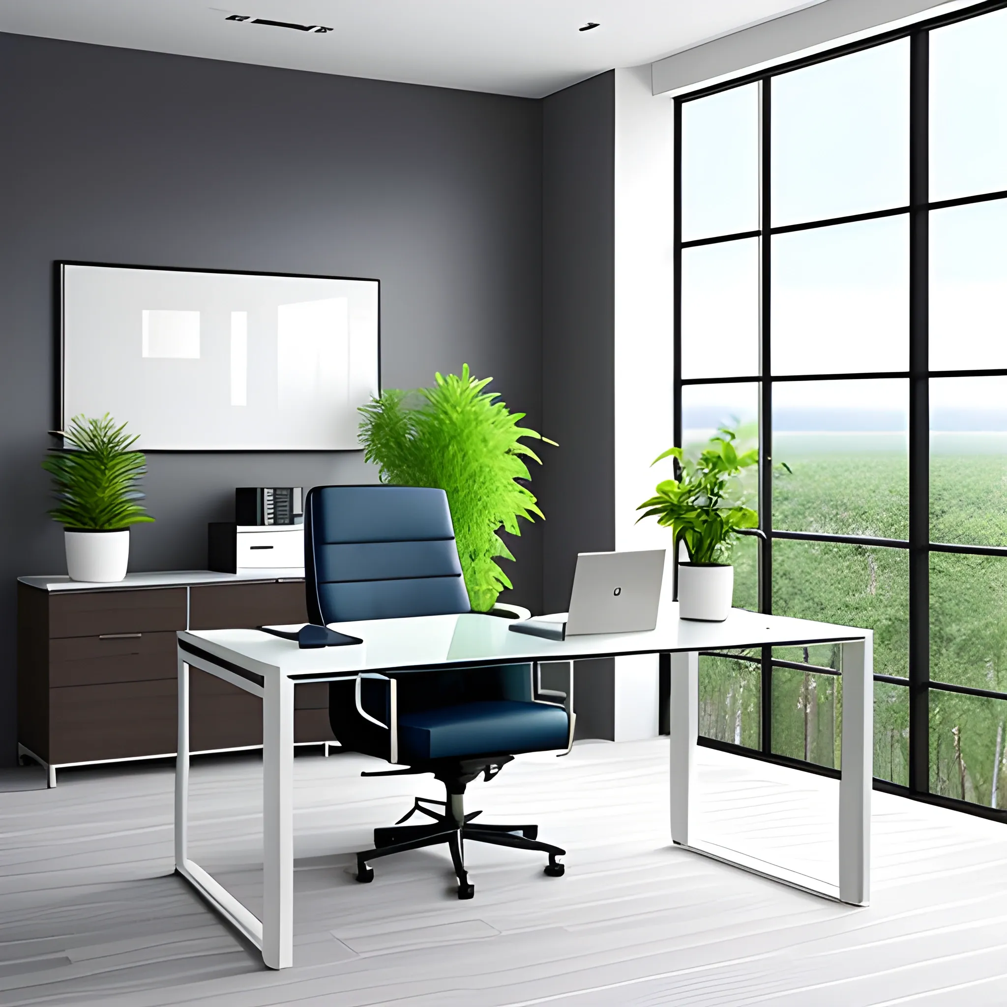 Realistic CEO Office Minimalist with Big glass windows and white, blue and gray walls colour, primary plane zoom on the ejecutive white wood bureau, and decorative small plants 