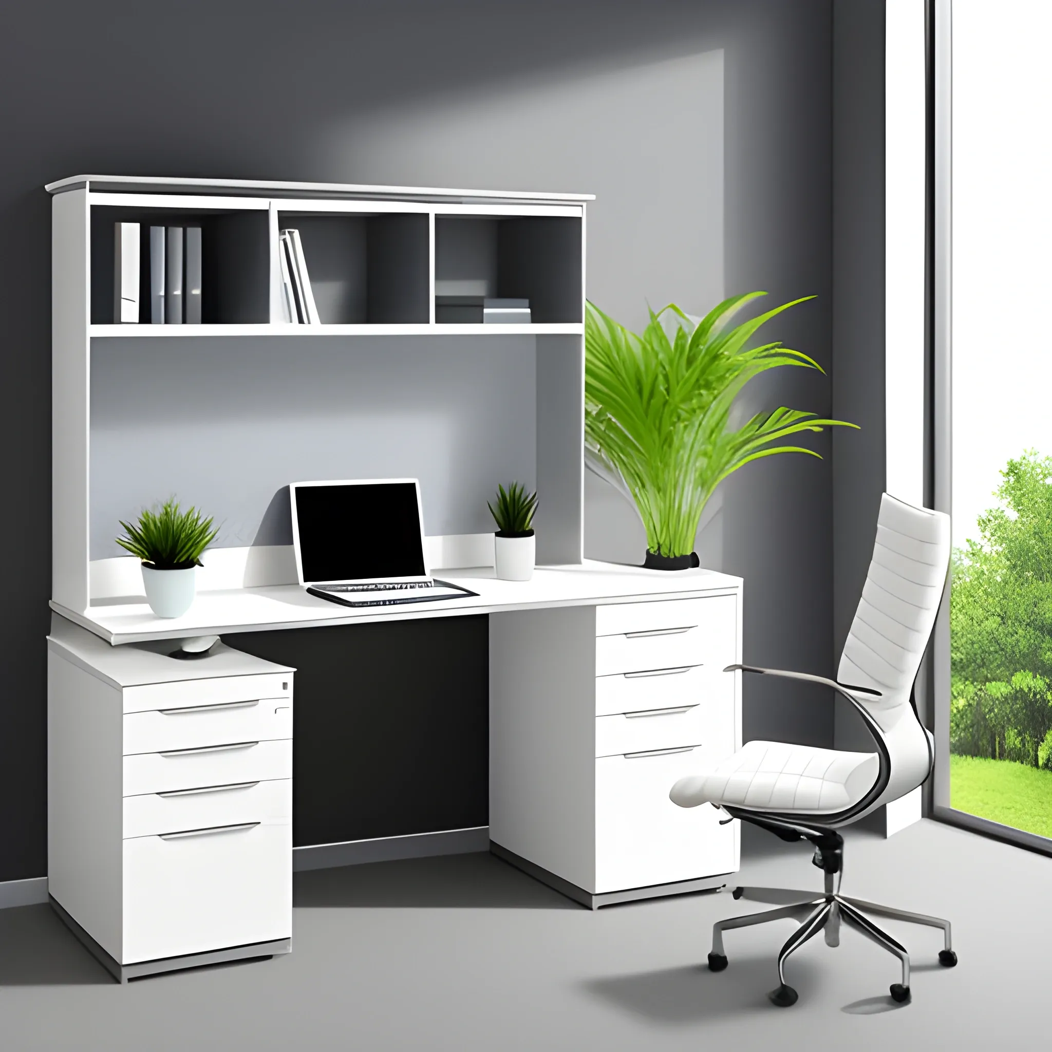 Realistic CEO Office Minimalist with Big glass windows and white, blue and gray walls colour, primary plane zoom on the ejecutive white wood bureau with drawers, and decorative small plants 