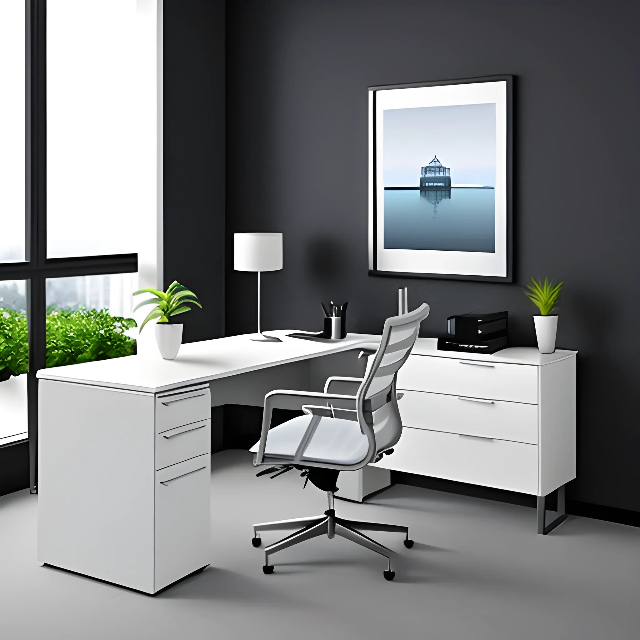 Realistic CEO Office Minimalist with Big glass windows and white, blue and gray walls colour, primary plane zoom on the ejecutive white wood bureau with drawers, and decorative small plants 