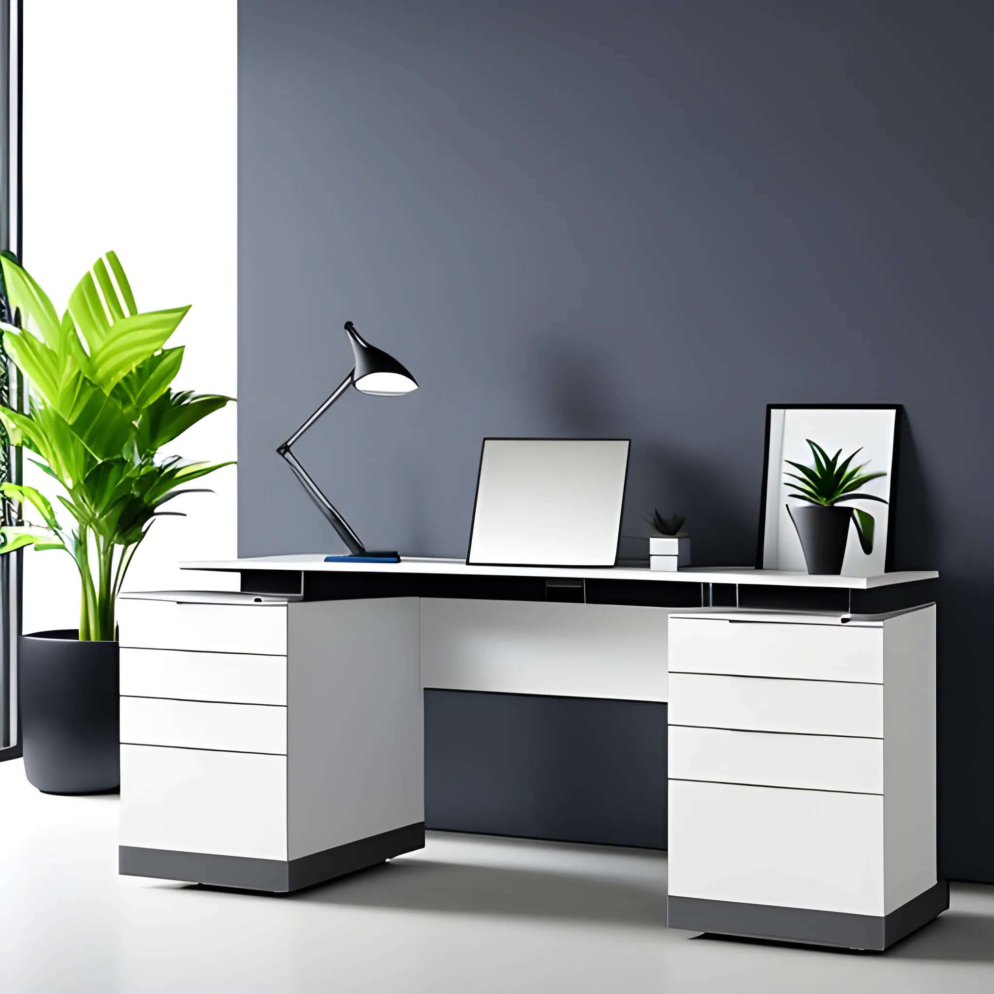 Realistic CEO Office Minimalist with Big glass windows and white, blue and gray walls colour, primary plane zoom frontal view on the ejecutive white wood bureau with drawers, and decorative small plants 