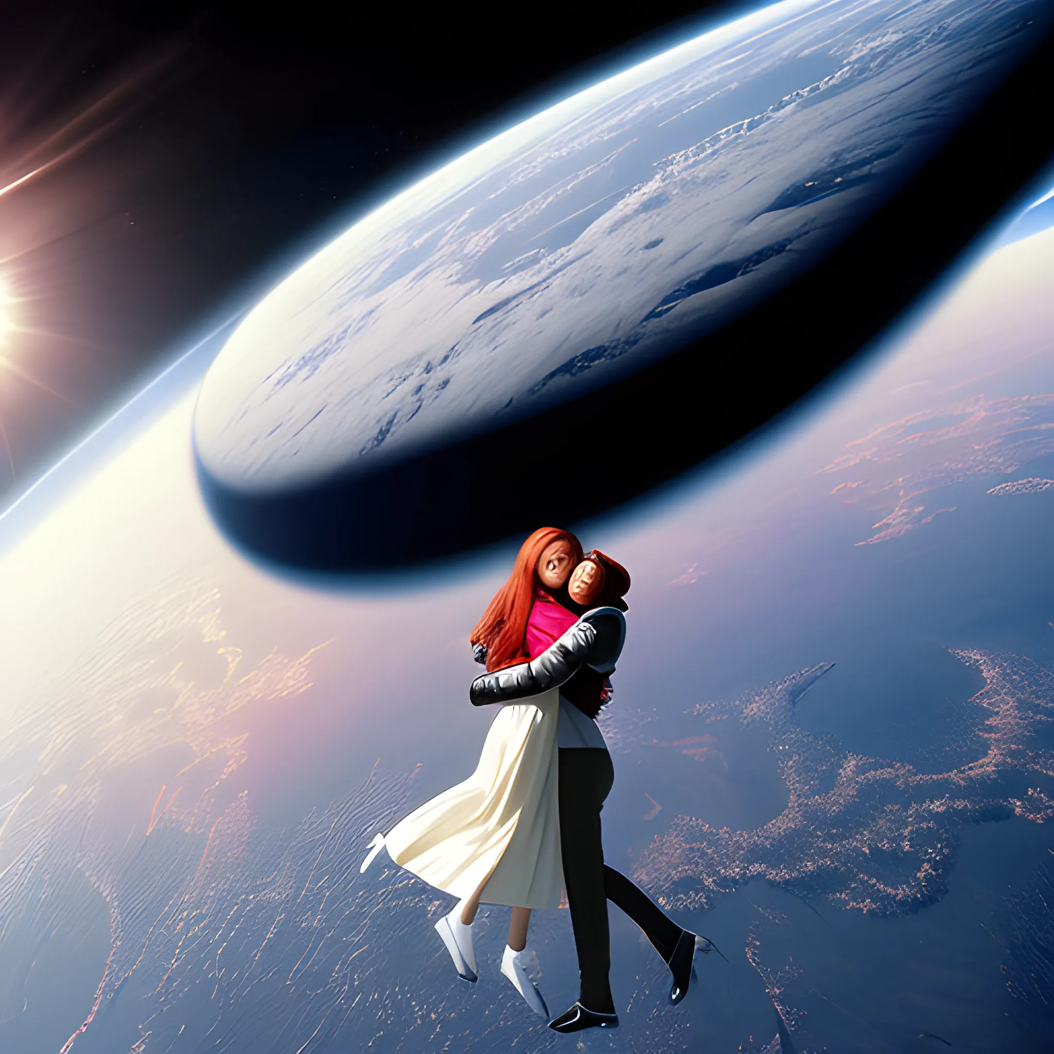 a big oval in space floating with apink woman hugging it
