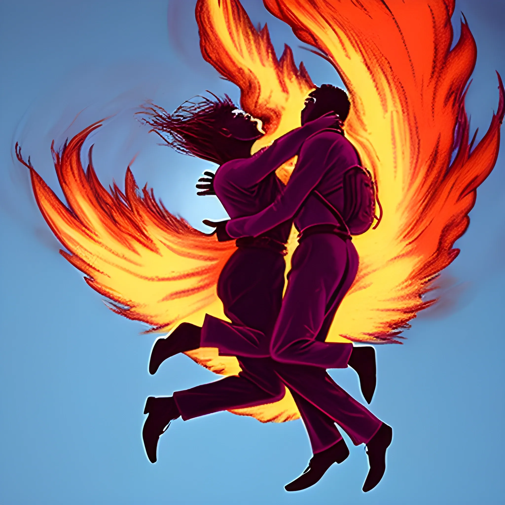 two mans falling from an airplane hugging and on fire color purple
