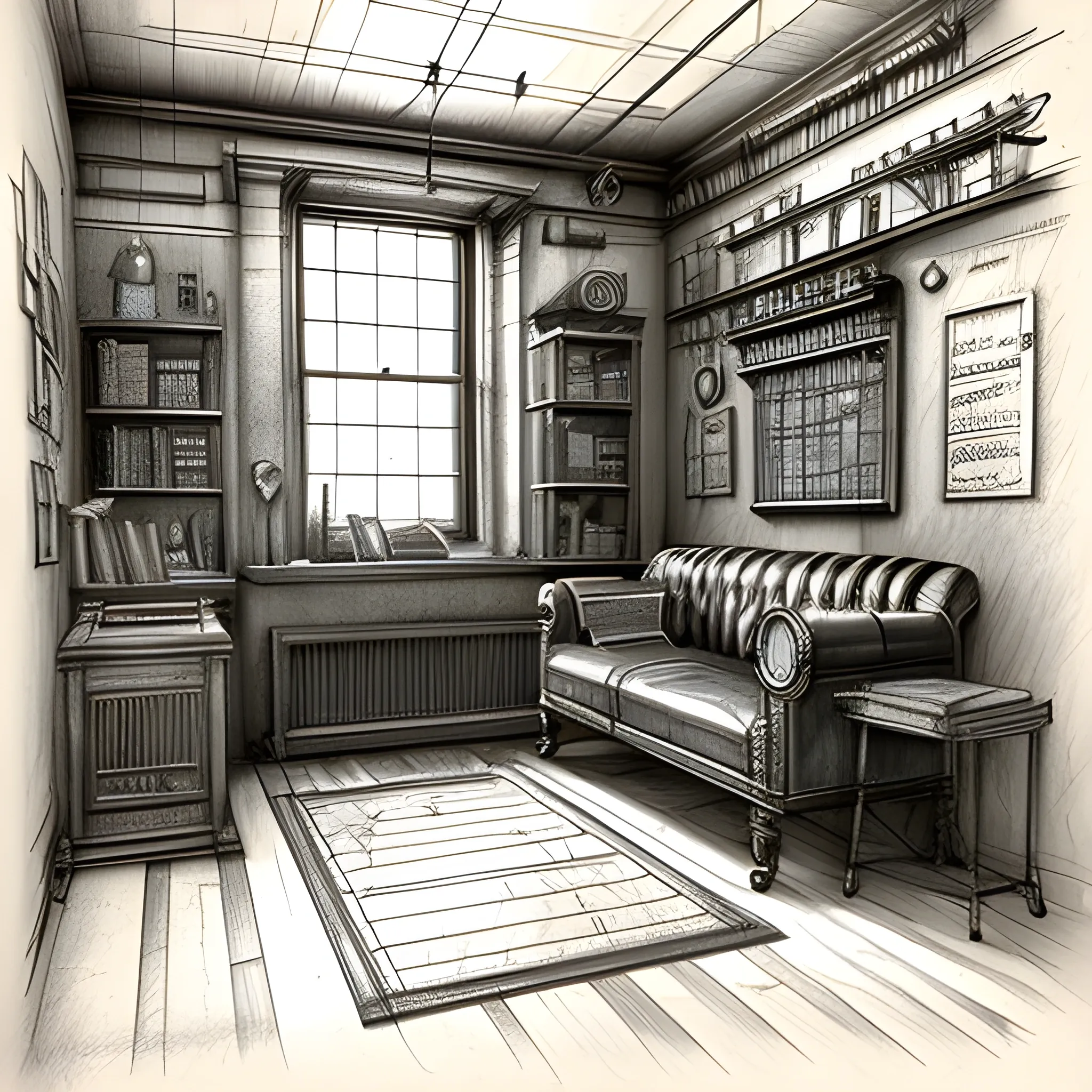 Steampunk room, blueprint, Pencil Sketch