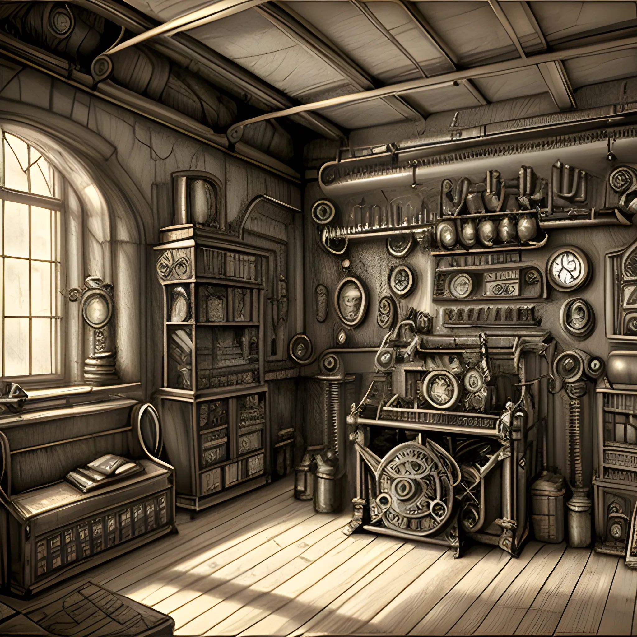 Steampunk room, mechanisms, Pencil Sketch