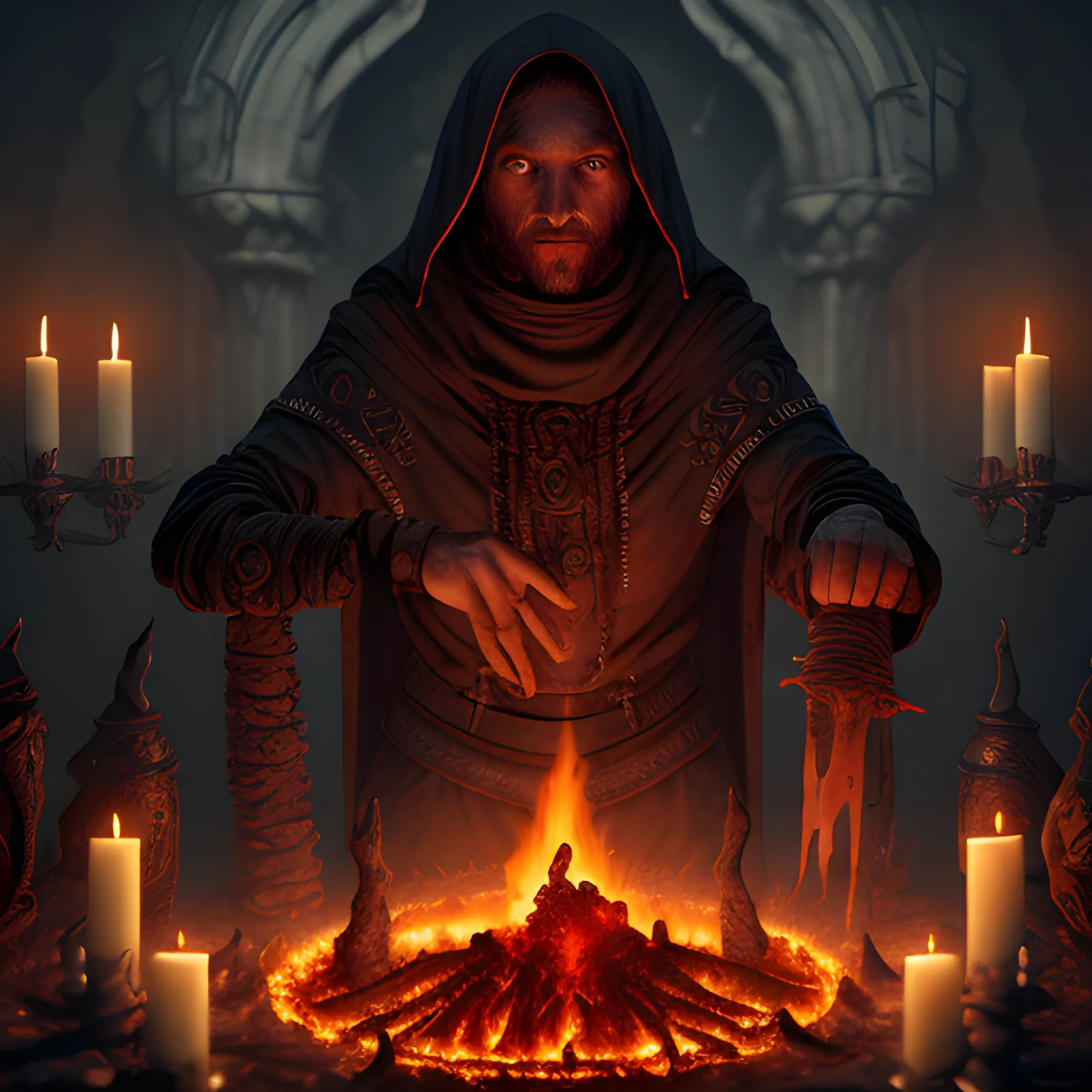 cultist, fire, making a bloody sacrifice, 8k, high resolution, high quality, photorealistic, hyperrealistic, detailed, detailed matte painting, deep color, fantastical, intricate detail, splash screen, complementary colors, fantasy concept art, 8k resolution trending on Artstation Unreal Engine