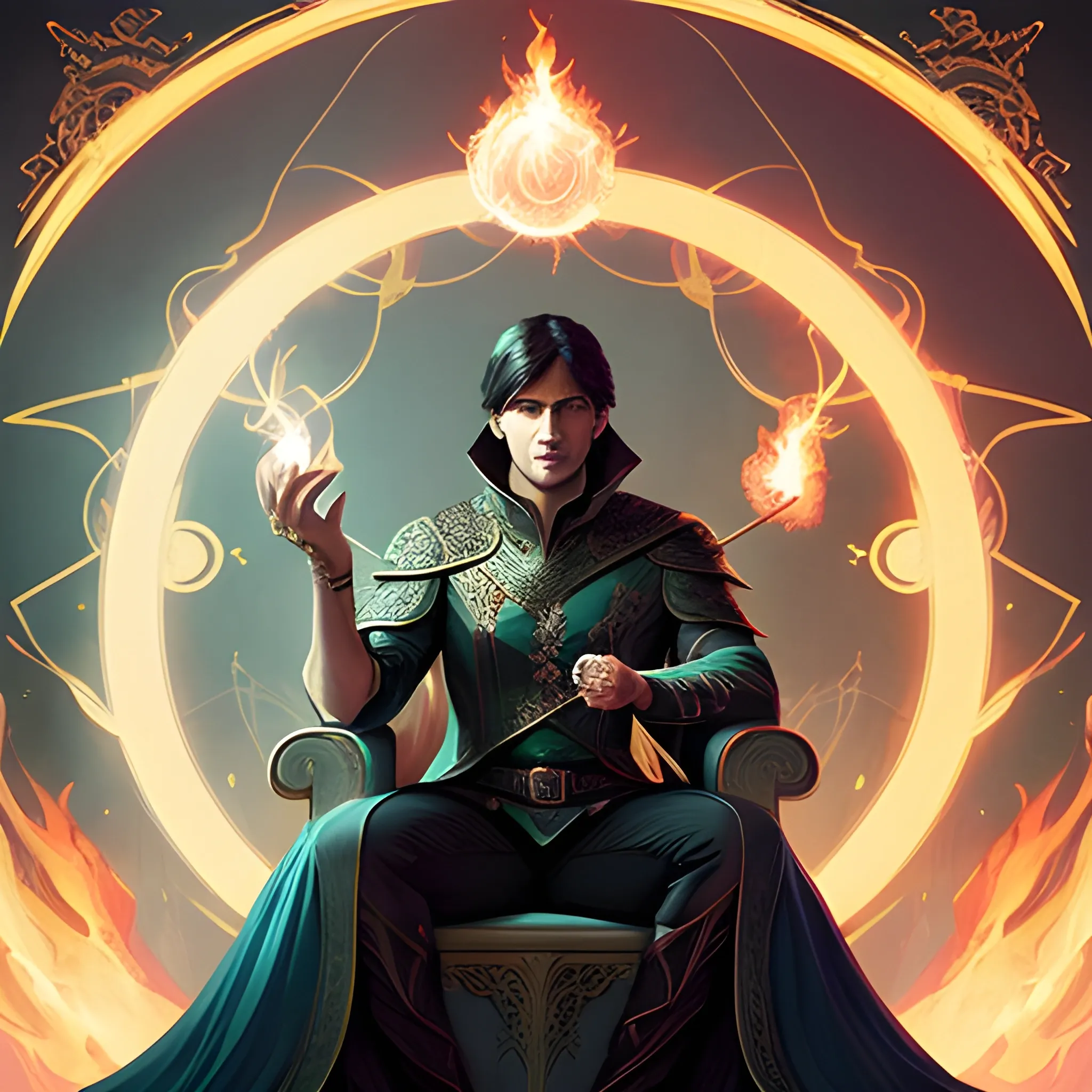 in the style of throne of glass book cover, male magician casting a spell with fireballs in his hands, blue and green magic lights aura, a portal with white magic symbology opened, d & d, fantasy, highly detailed, digital art, trending on artstation, smooth, sharp focus, illustration, art by artgerm and hirokazu yokohara, greg rutkowski, alfonse mucha 