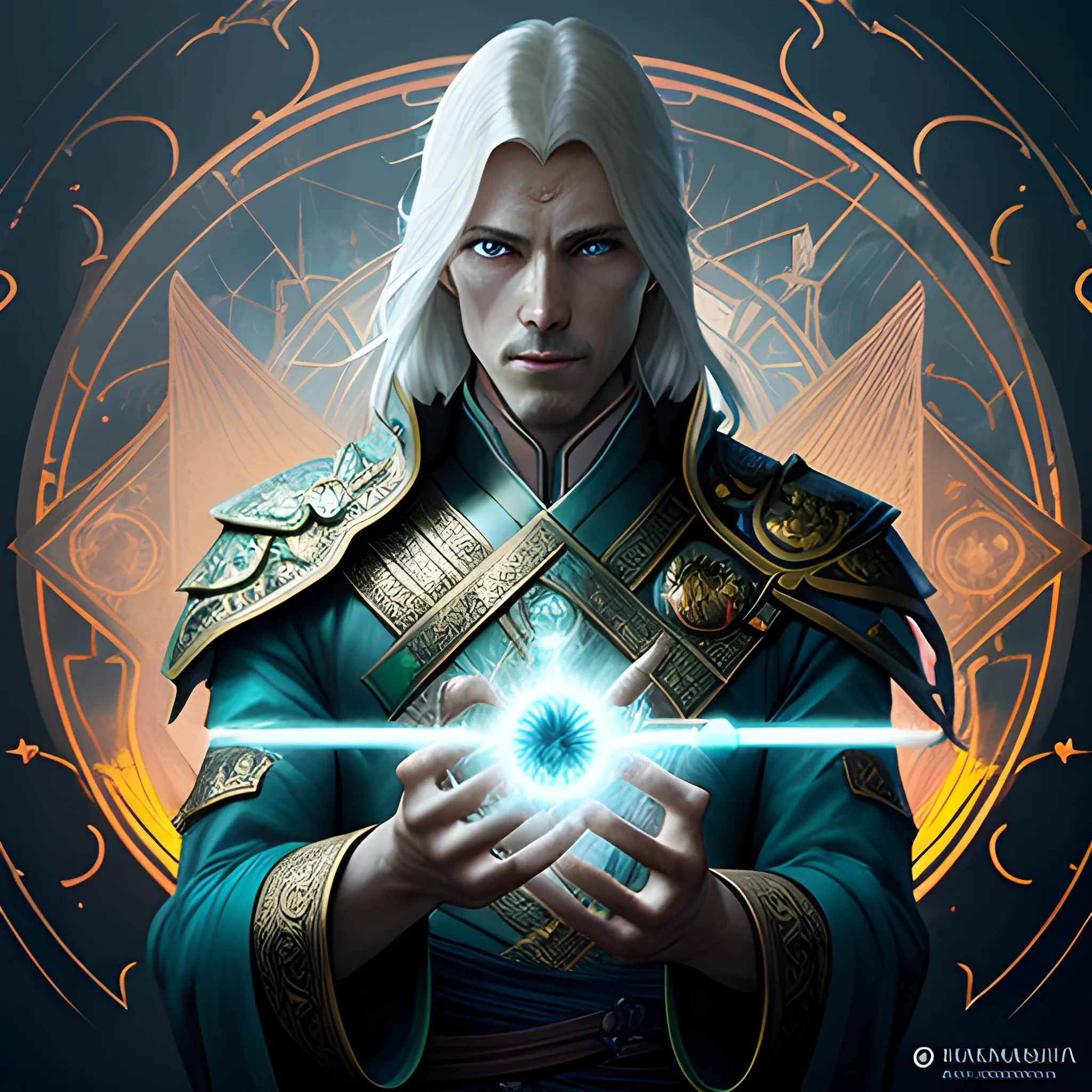 in the style of throne of glass book cover, male magician harnessing white magic fireballs in his hands, blue and green magic lights aura, through a portal with white magic symbology opened, d & d, fantasy, highly detailed, digital art, trending on artstation, smooth, sharp focus, illustration, art by artgerm and hirokazu yokohara, greg rutkowski, alfonse mucha 