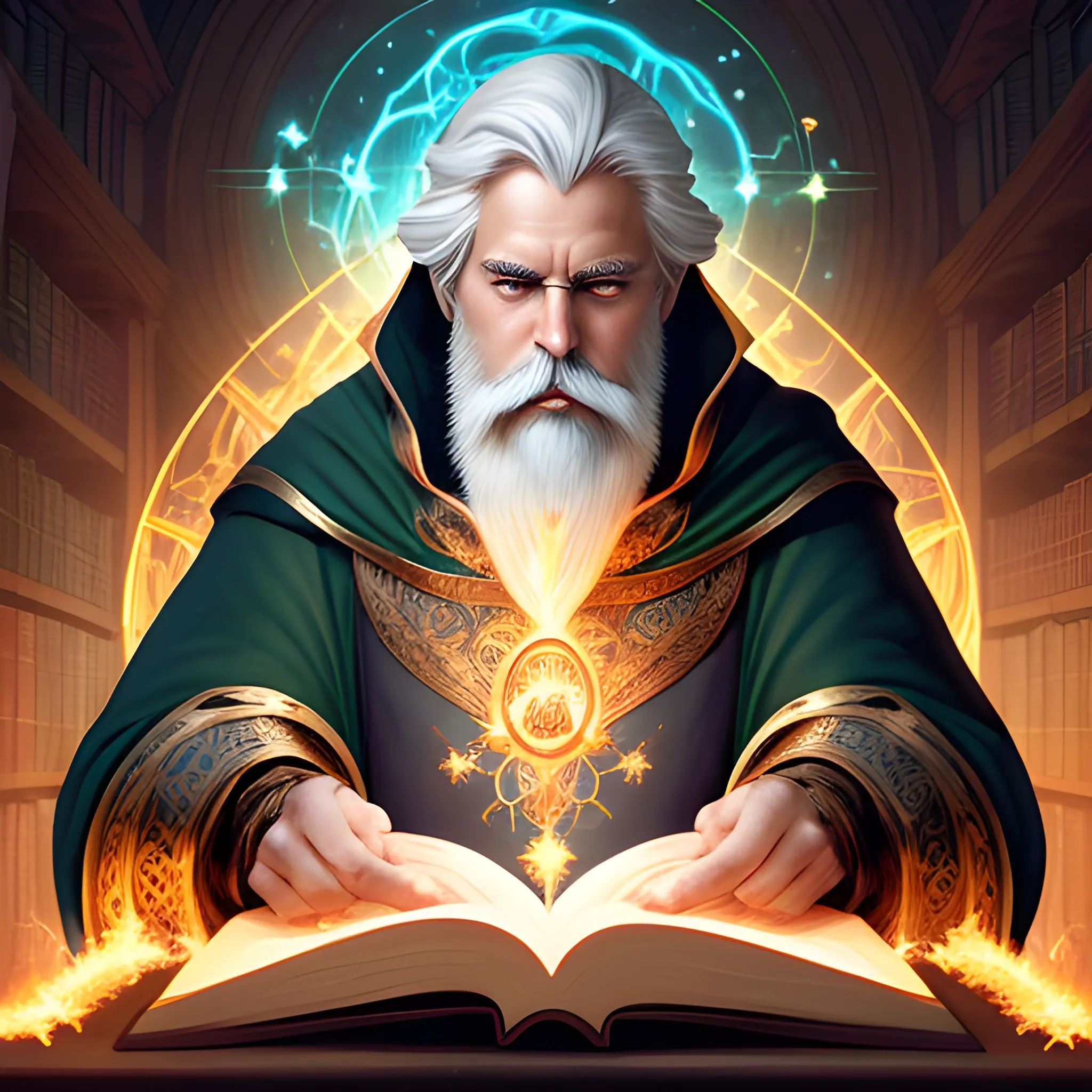 in the style of throne of glass book cover, male magician dark hair white beard positive being, harnessing white magic fire in his hands, blue and green magic lights aura, through a golden bronze lit portal into an ancient library. cosmic fantasy, highly detailed, digital art, trending on artstation, smooth, sharp focus, illustration,