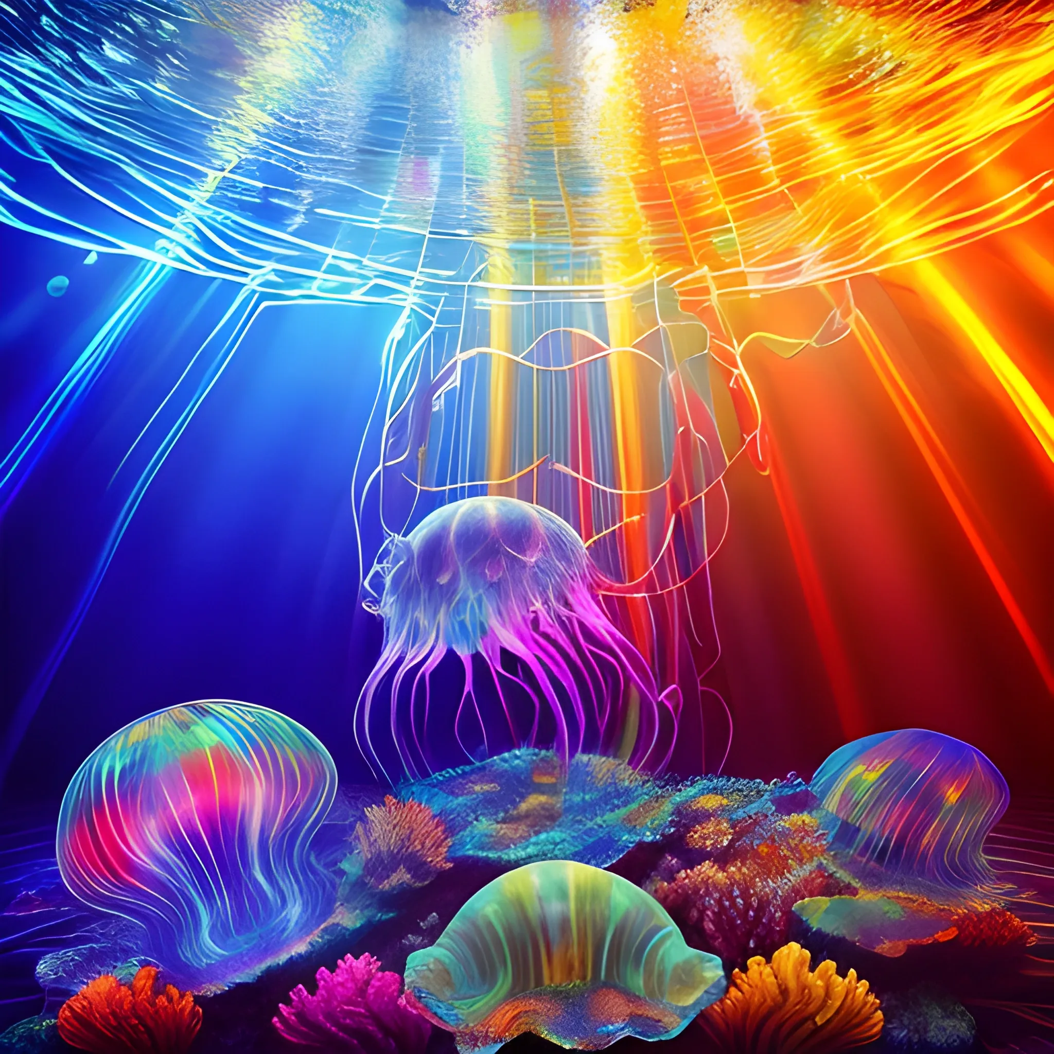 Masterpiece, over saturated, underwater, light beams trough water, multiple large electrical jellyfishes, corrals, cat