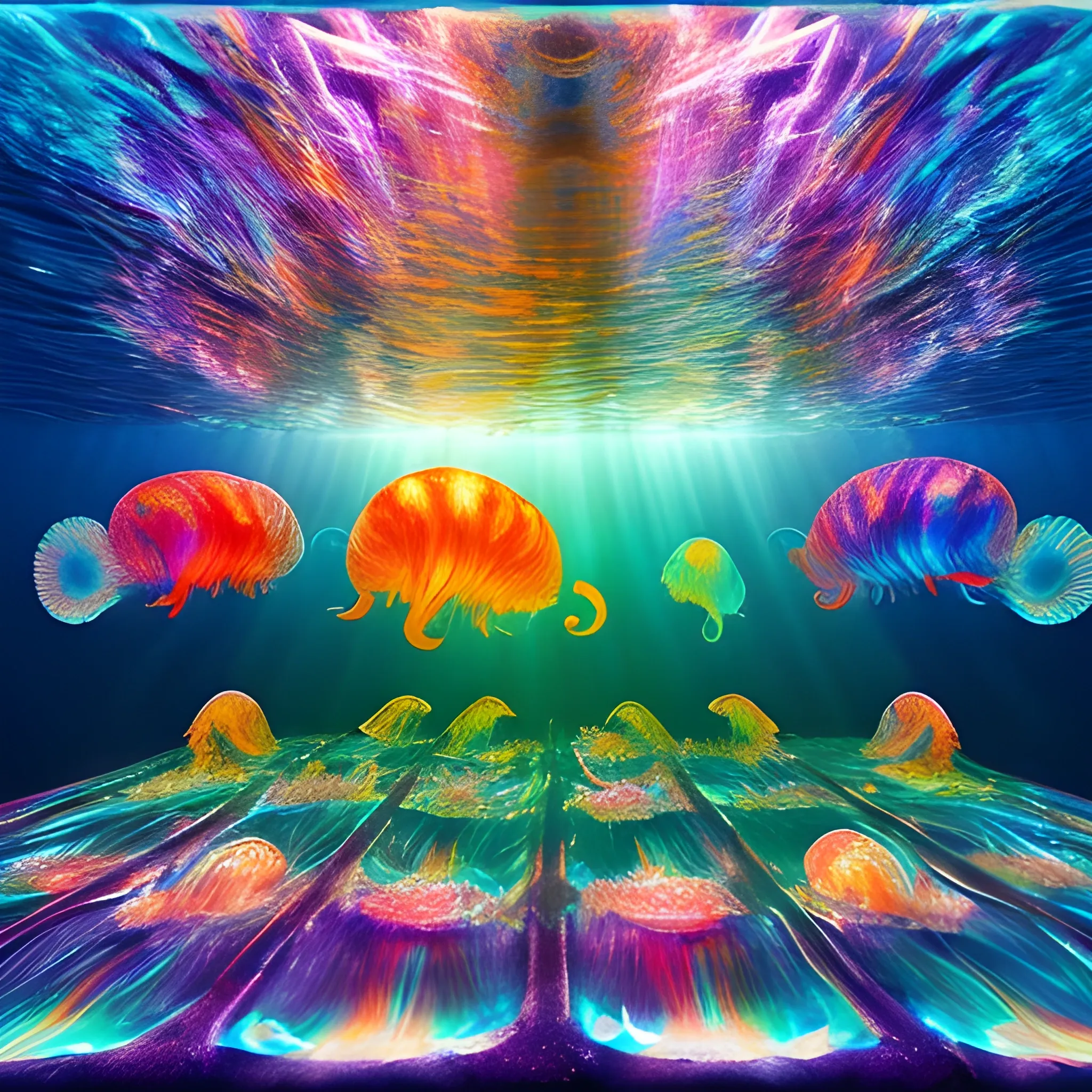 Masterpiece, over saturated, underwater, light beams trough water, multiple large electrical jellyfishes, corrals, cat