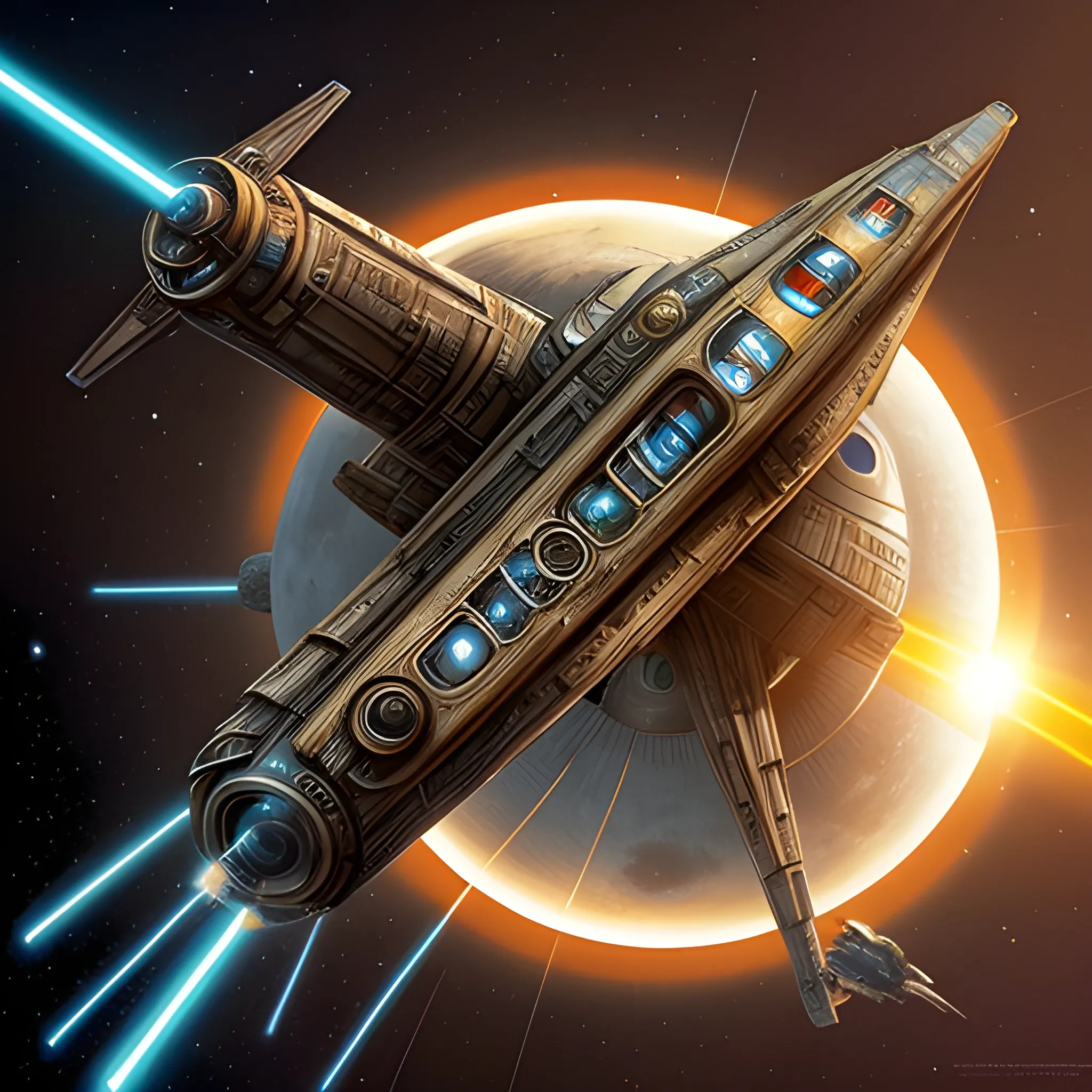 futuristic, steampunk titanic flying through the solar system in the style of star wars