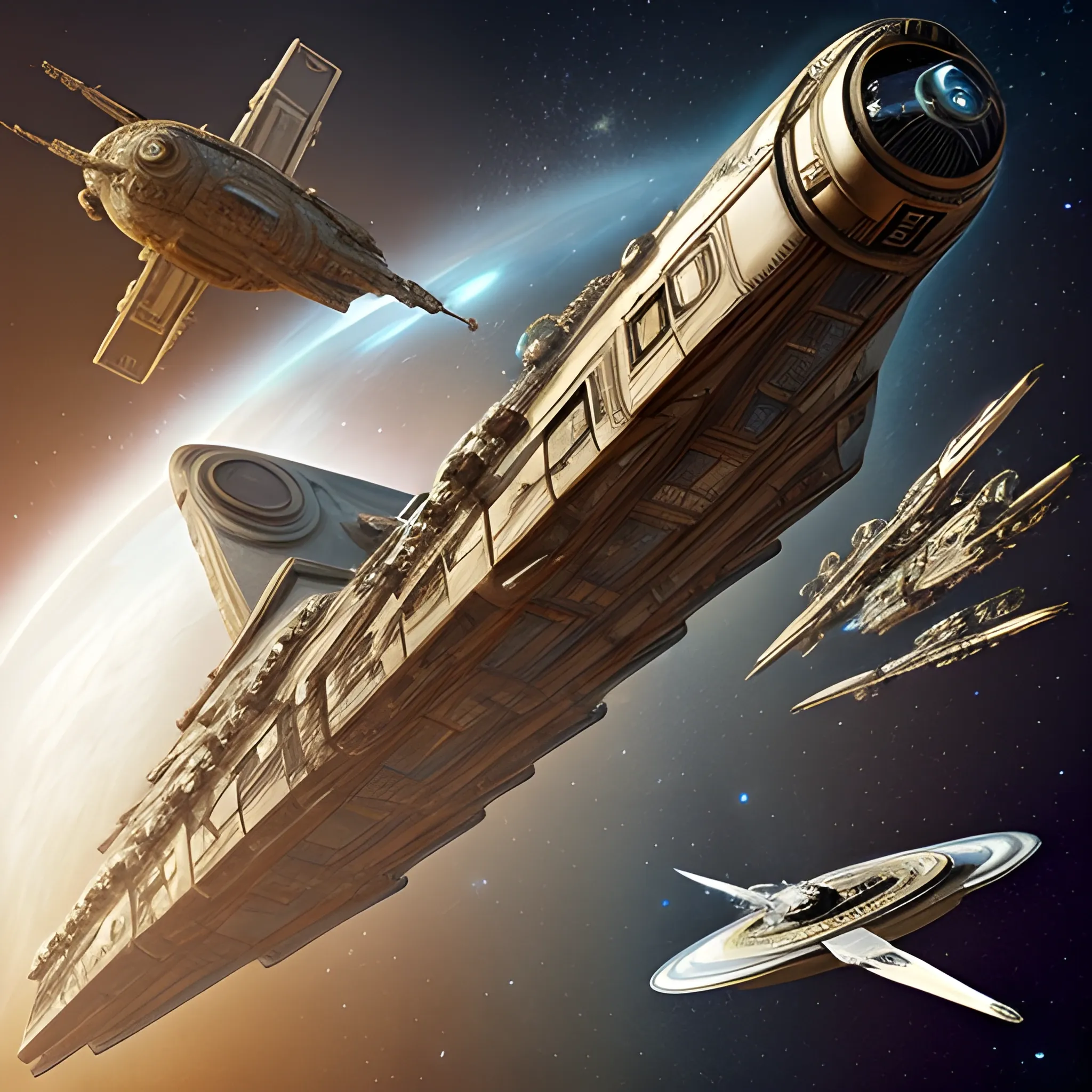 futuristic, steampunk titanic flying through the solar system in the style of star wars