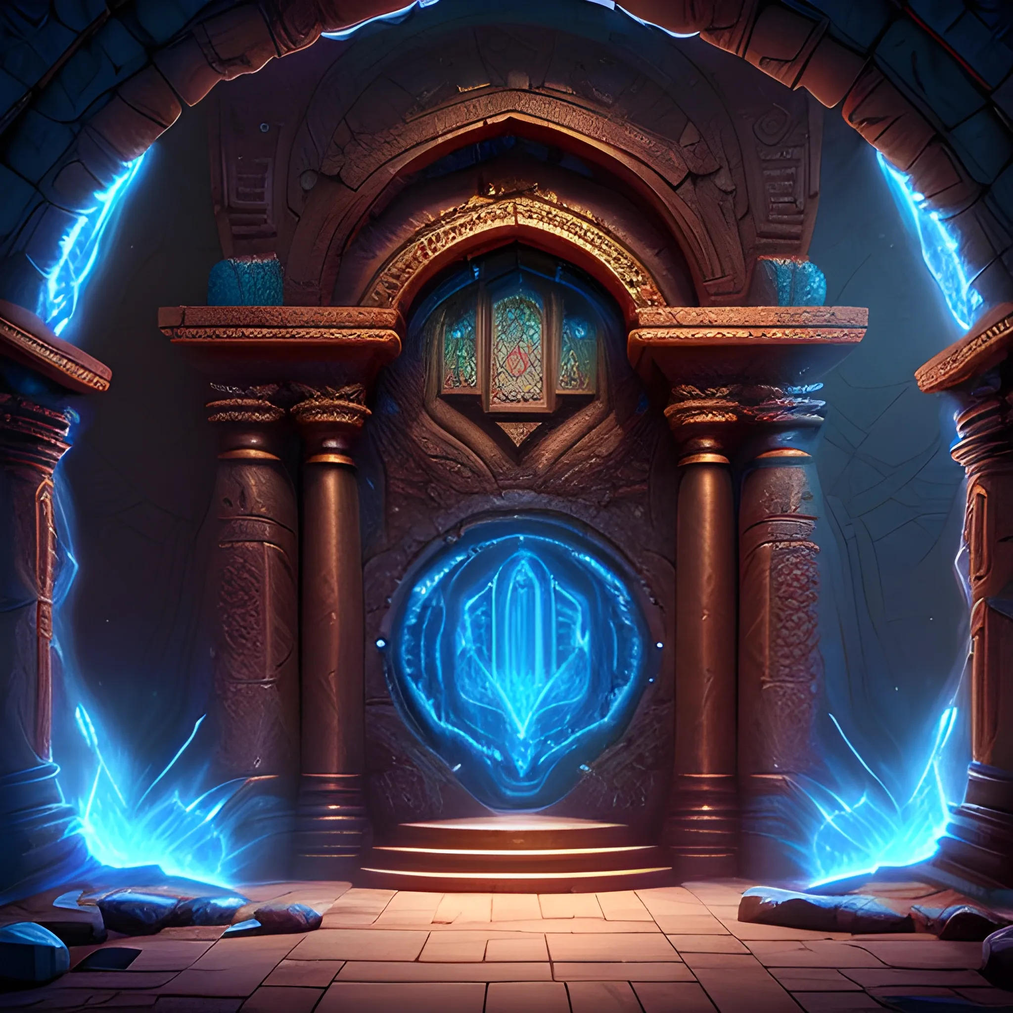 Generate an image of the inside of an ancient sacred magical room in the style of fantasy art.  digital art, cosmic universe.  Ancient architecture vibrant colored crystals reflecting off of dark bronze ancient technology. Electric blue light, portal entrance. cosmic volumetric lighting, 16k;  deep color, fantastical, intricate detail, splash screen, complementary colors, fantasy concept art, 8k resolution trending on Artstation Unreal Engine 5