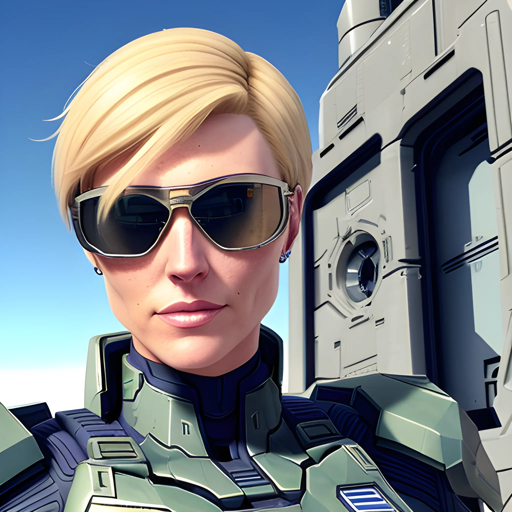 in the universe of halo, a young blonde woman with short hair, blue eyes, small freckles, she is in a ship captain's uniform, she has boots and sunglasses, she looks into the distance, she has a normal body