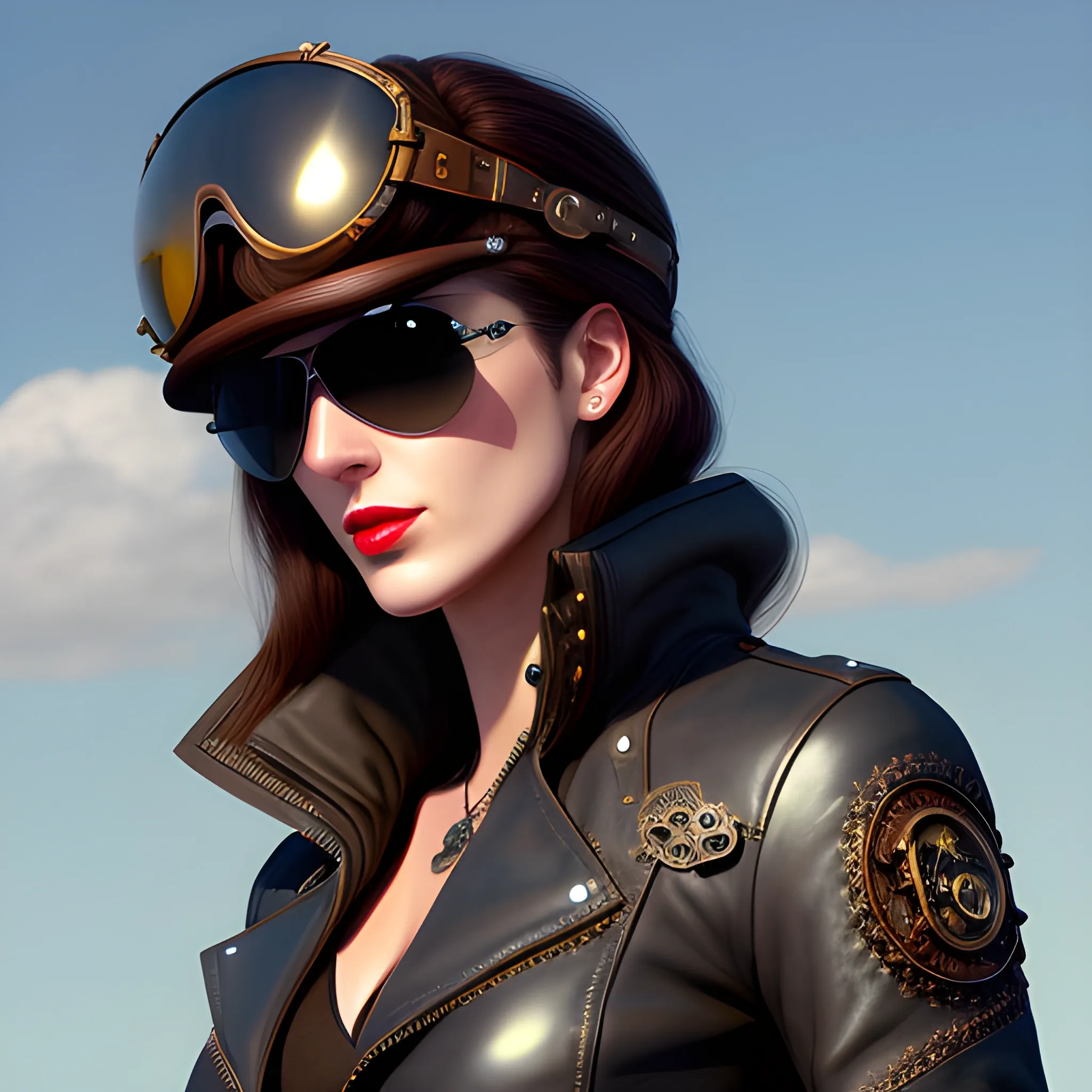  Beautiful Aviator

Prompt:
best quality, masterpiece, girl, ultra high res, photorealistic, detailed skin, (black steampunk aviator leather jacket), black steampunk aviator leather hut, lounging,