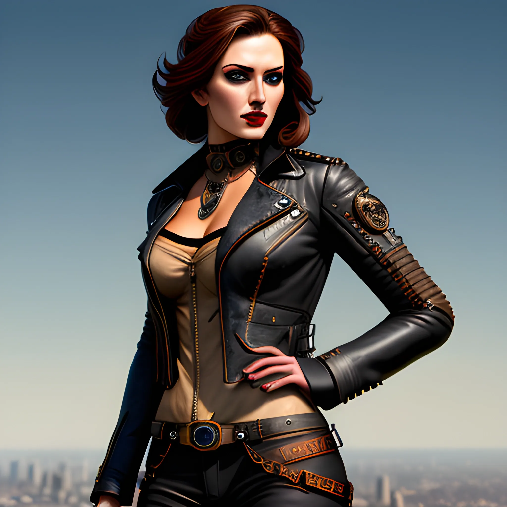  Beautiful Aviator

Prompt:
best quality, masterpiece, girl, ultra high res, photorealistic, detailed skin, (black steampunk aviator leather jacket), black steampunk aviator leather hut, lounging,