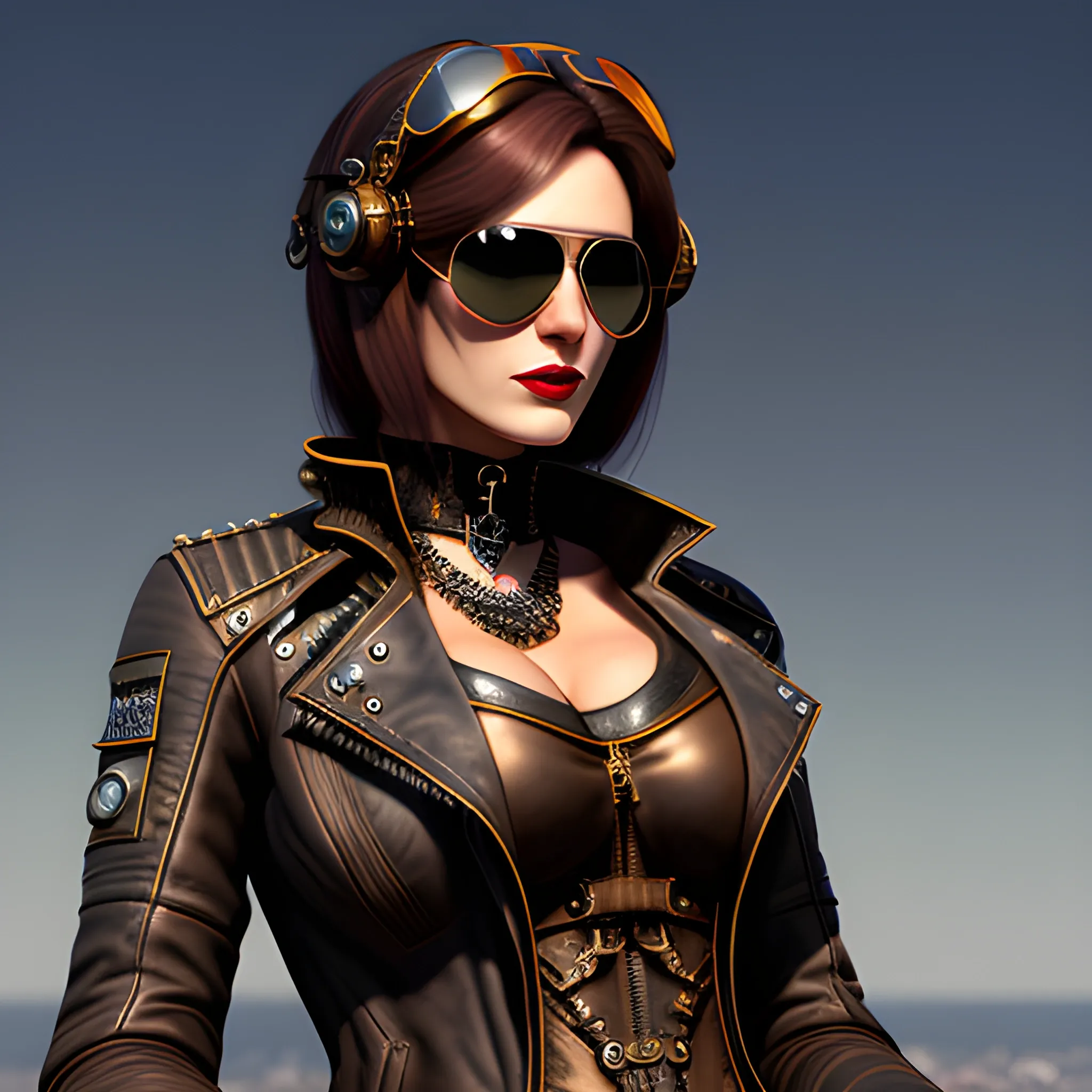  Beautiful Aviator

Prompt:
best quality, masterpiece, girl, ultra high res, photorealistic, detailed skin, (black steampunk aviator leather jacket), black steampunk aviator leather hut, lounging,, 3D