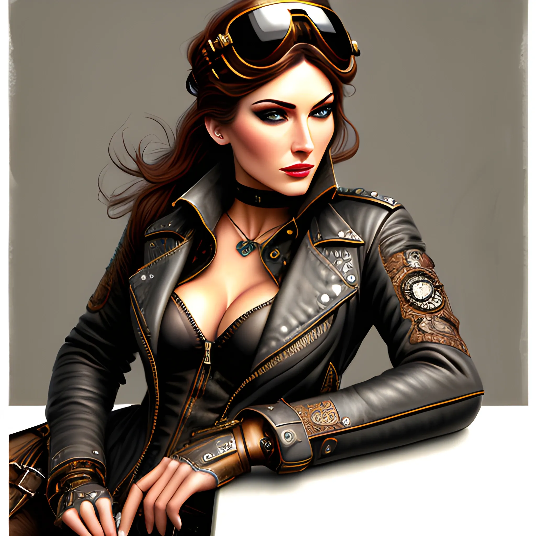  Beautiful Aviator

Prompt:
best quality, masterpiece, girl, ultra high res, photorealistic, detailed skin, (black steampunk aviator leather jacket), black steampunk aviator leather hut, lounging,, , Pencil Sketch.