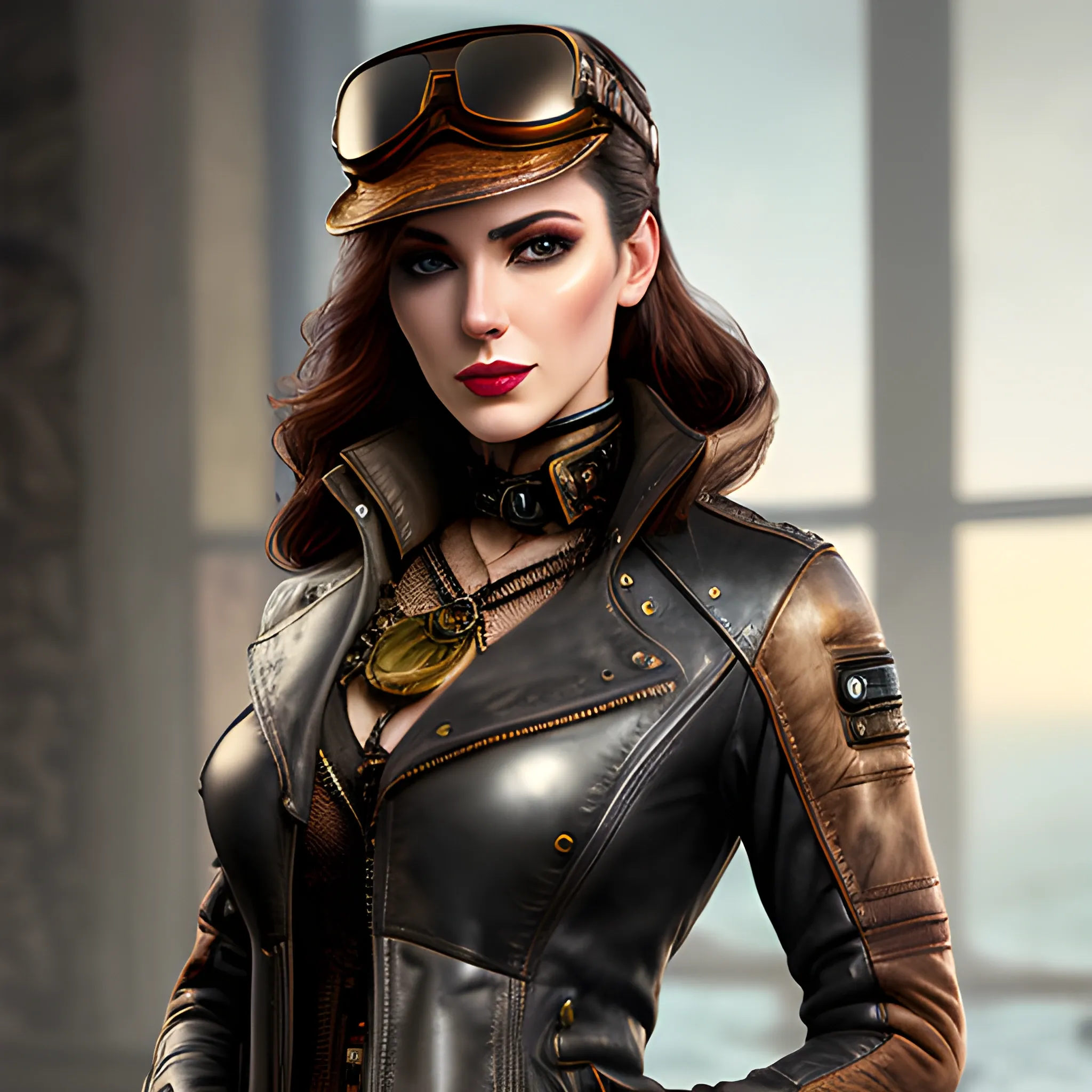  Beautiful Aviator

Prompt:
best quality, masterpiece, girl, ultra high res, photorealistic, detailed skin, (black steampunk aviator leather jacket), black steampunk aviator leather hut, lounging,, , Water Color.