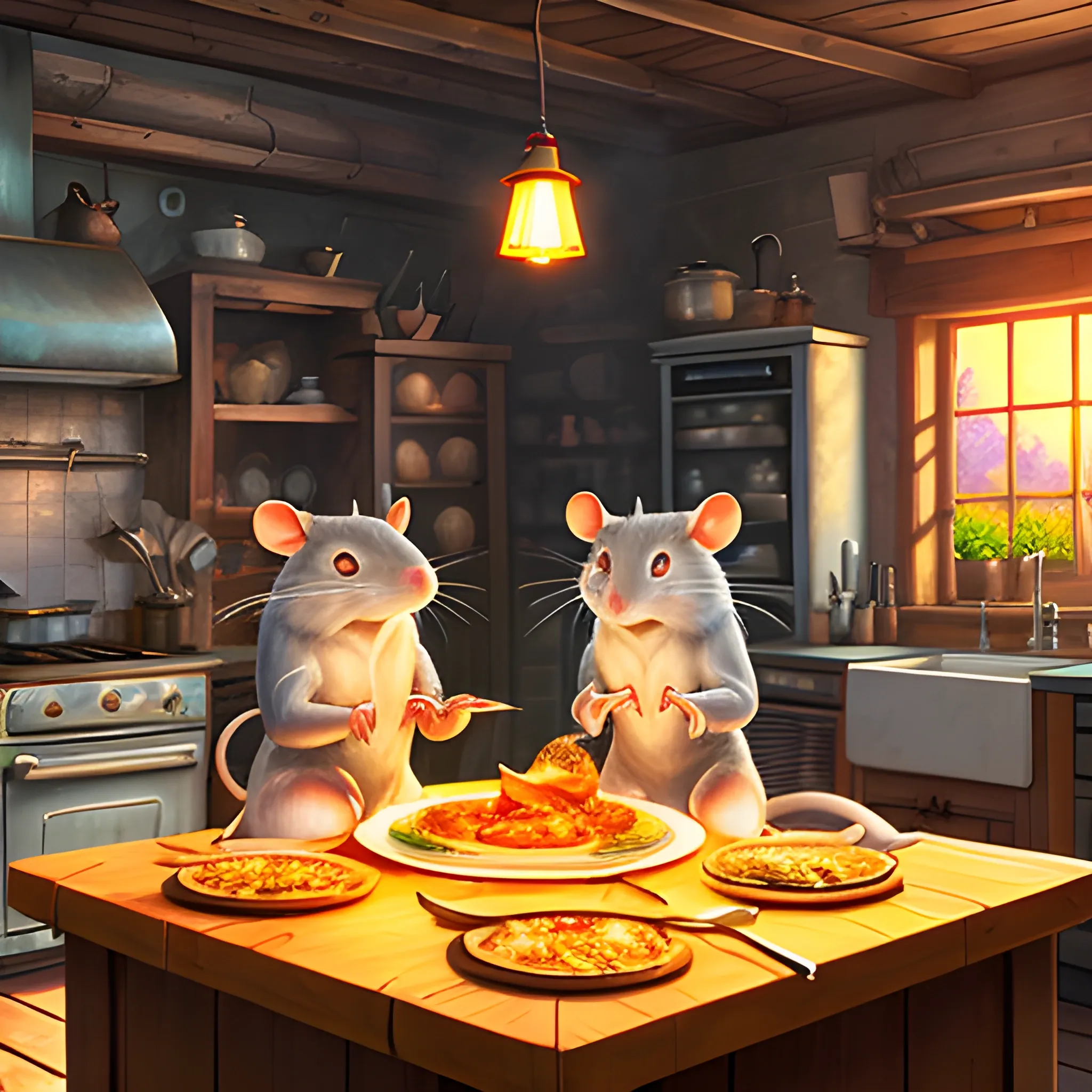 cottagecore illustration of rats cooking tasty dinner in French kitchen, studio Ghibli, Pixar and Disney animation, sharp, rendered in Unreal Engine 5, anime key art by Loish Van Baarle, dramatic, lighting, bloom, sunrise