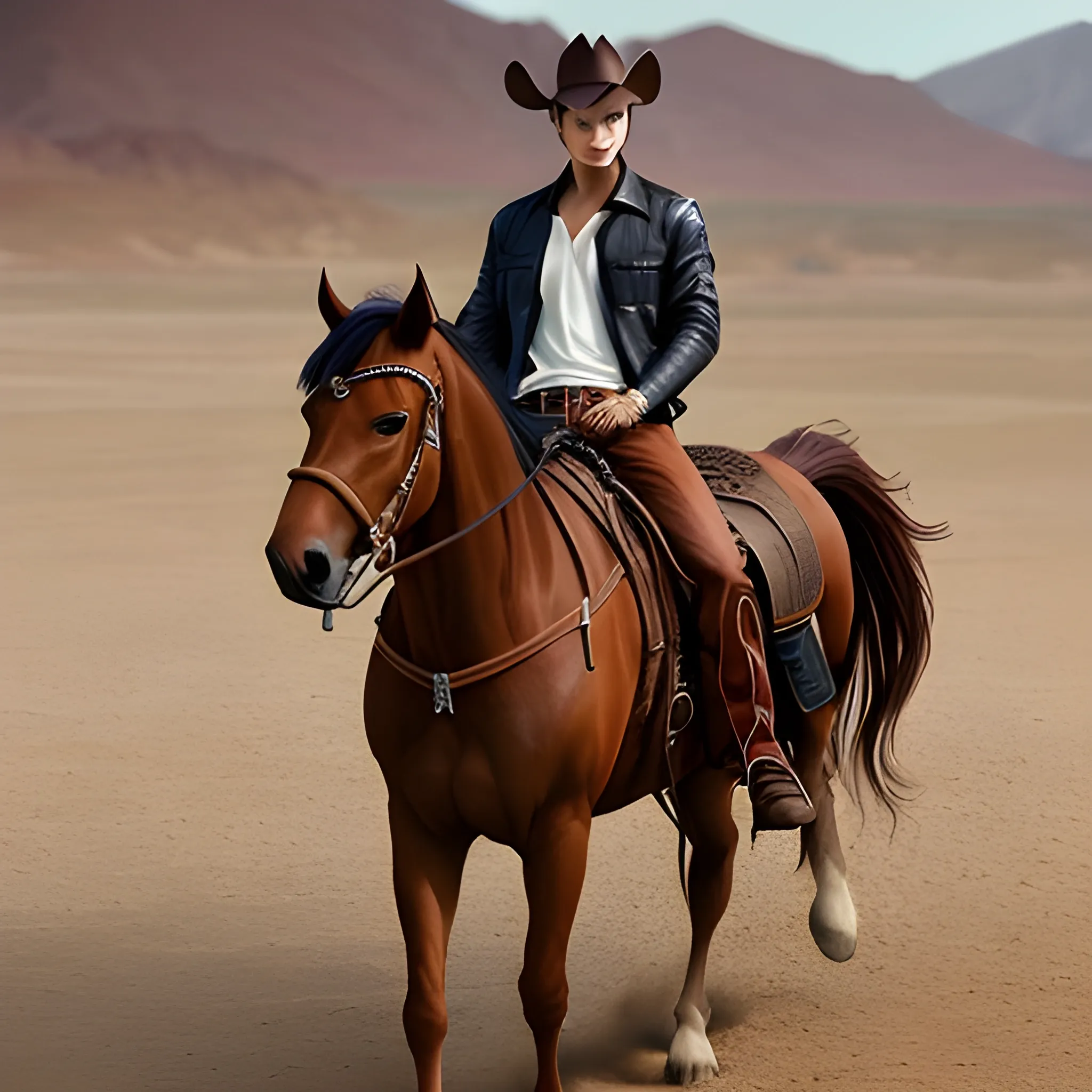 Realistic image of Kai from Exo, wearing cowboy apperal, riding a brown horse