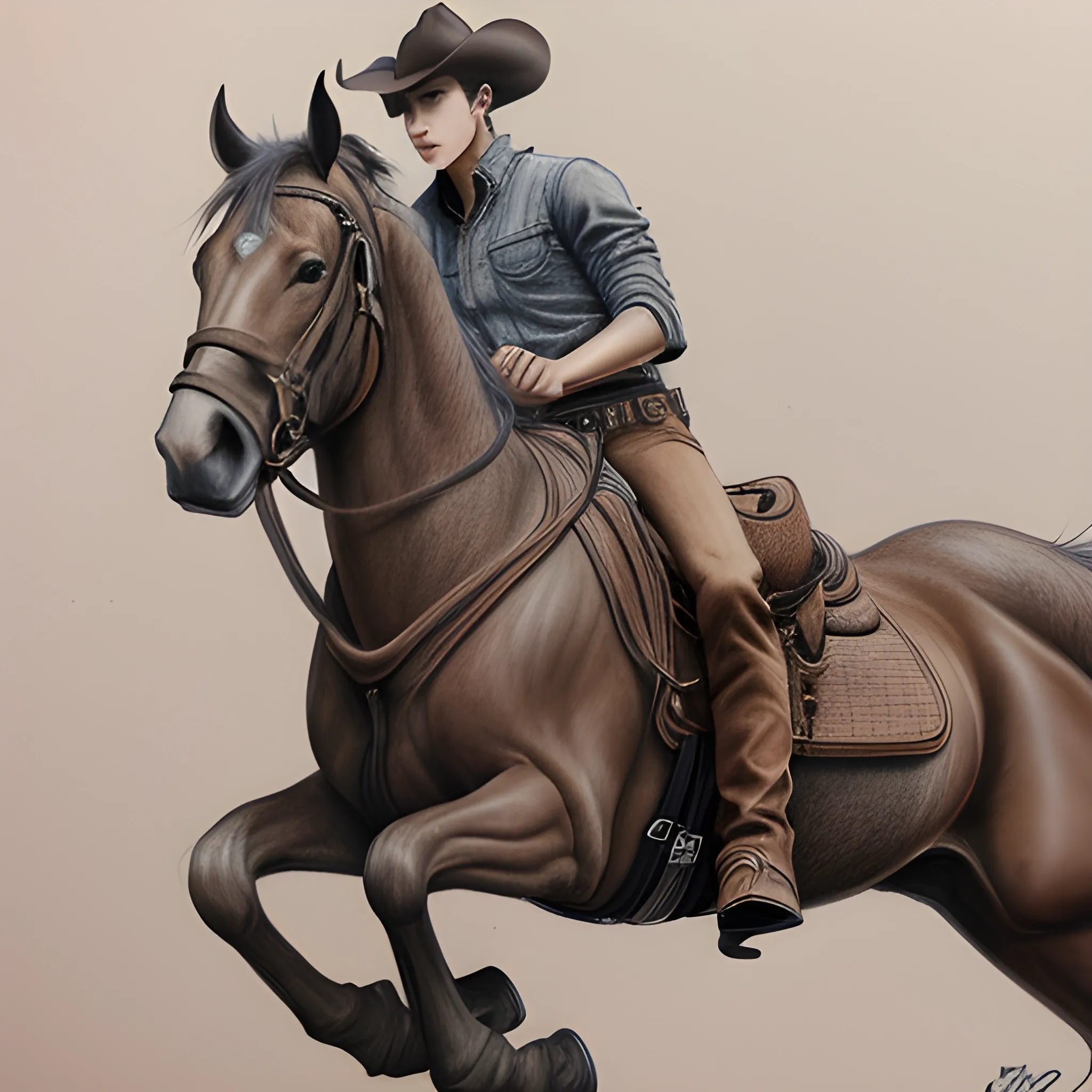 Realistic image of Kai from Exo, wearing cowboy apperal, riding a brown horse, Pencil Sketch