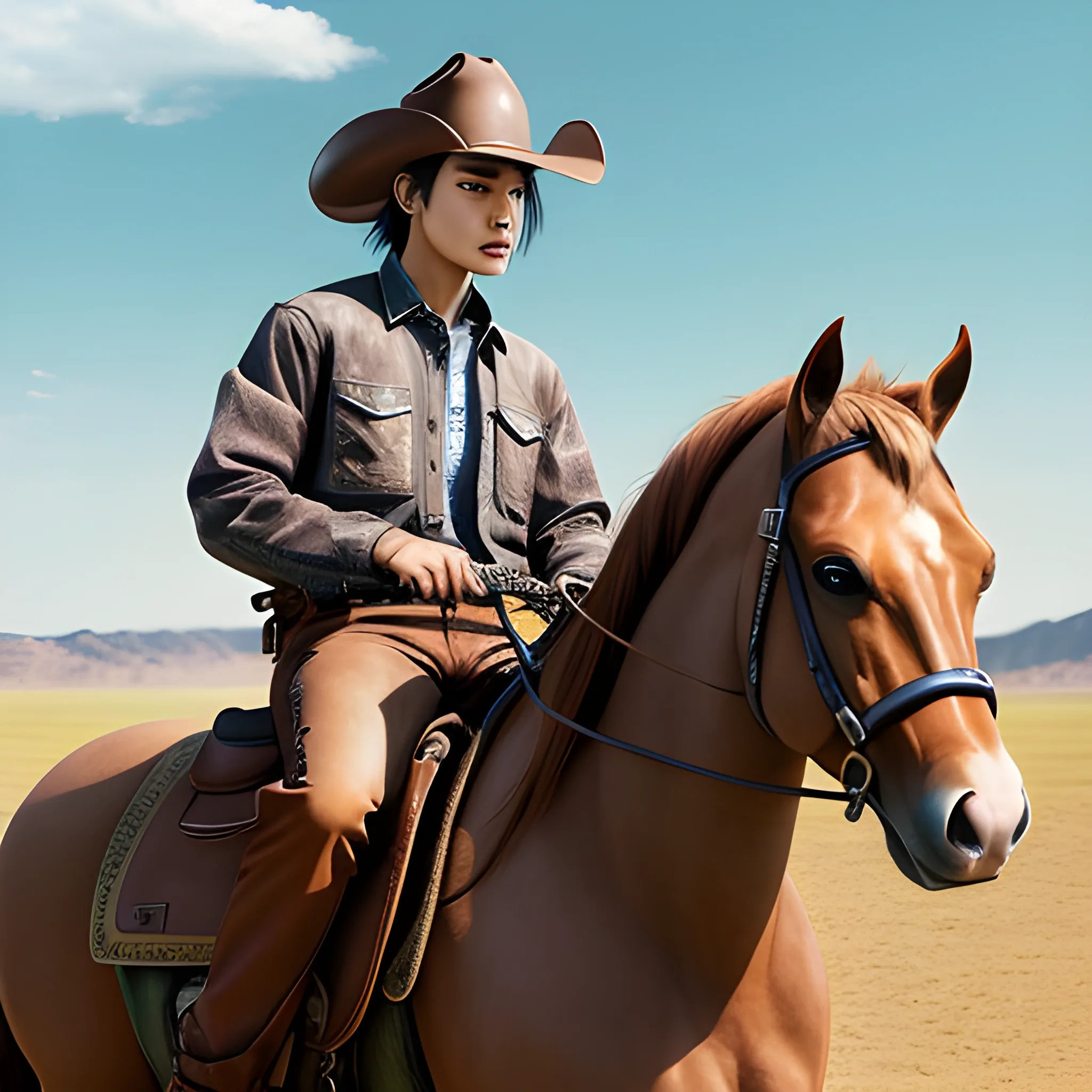 Realistic image of Kai from Exo, wearing cowboy apperal, riding a brown horse, , Trippy