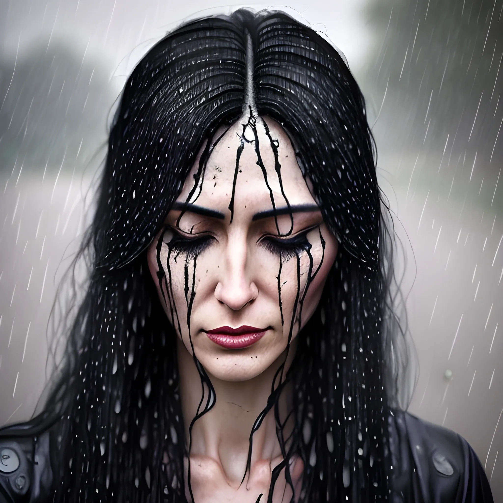 A young woman, her countenance marked by palpable sorrow, stands at the roadside amidst the melancholy backdrop of a rainy season. Her long, obsidian hair cascades down her shoulders, its inky strands mirroring the emotional shadows that envelop her. Clutching her chest in palpable anguish, she weeps, unable to extricate herself from the emotional wreckage left by a lingering heartbreak, her tears merging seamlessly with the persistent rain.