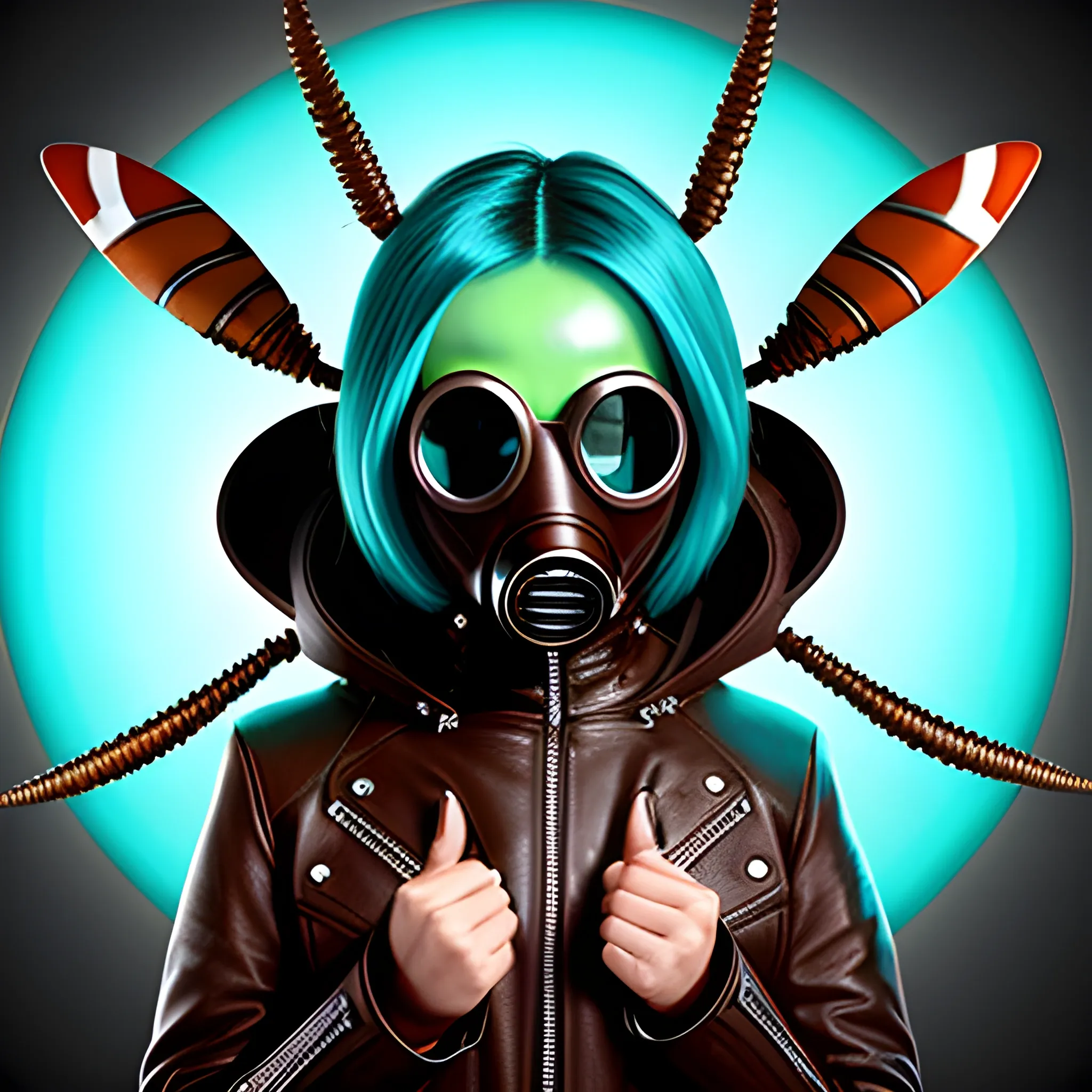 alien woman with insect antenna and turquoise hair, wearing brown leather jacket with hood, and wearing a gas mask