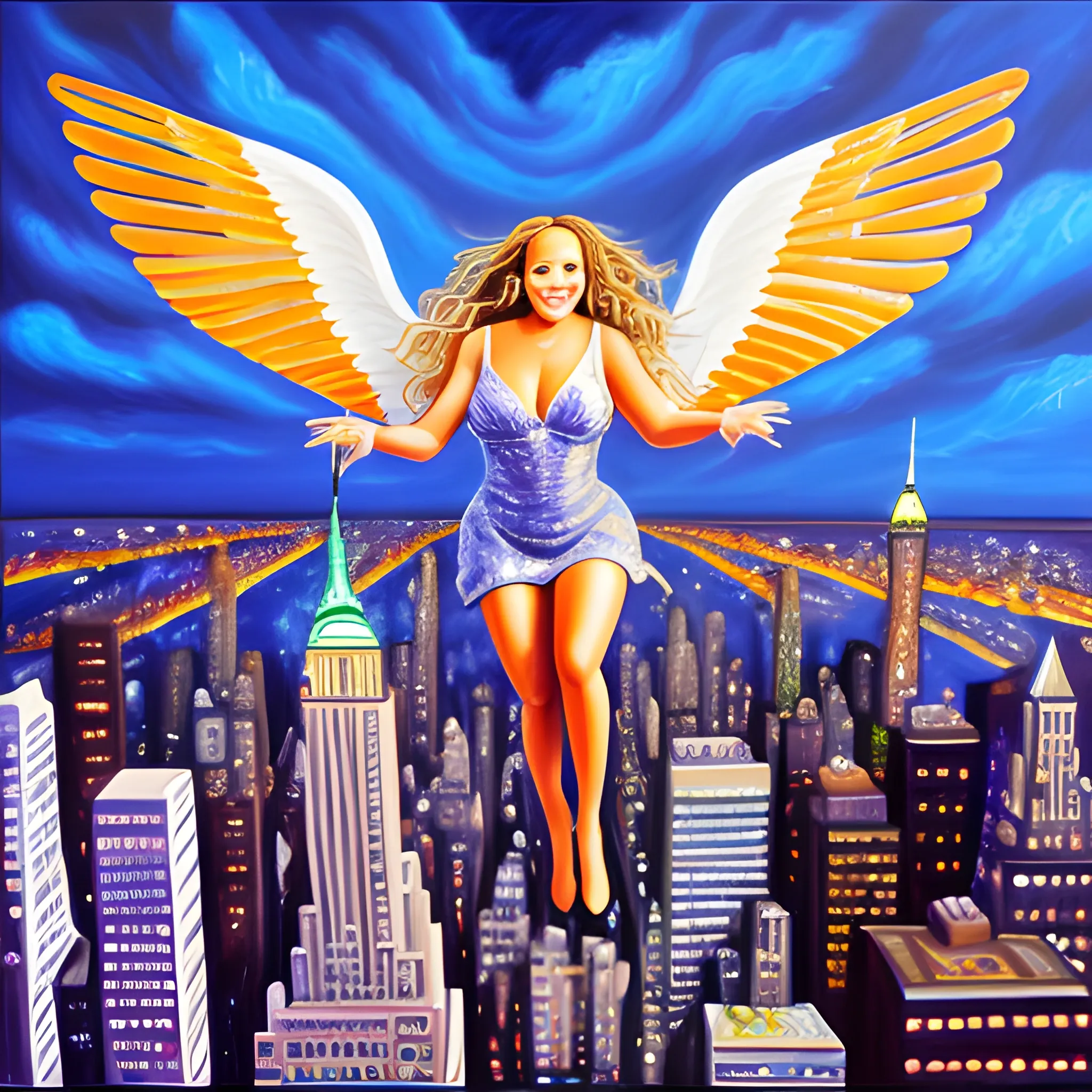 mariah carey flying through New York City with wings, , Oil Painting