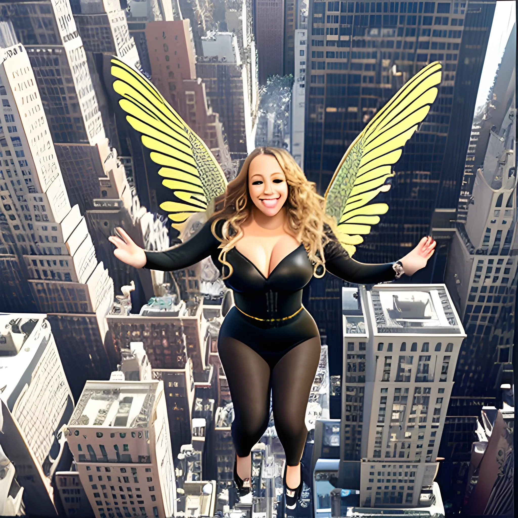 mariah carey flying through New York City with wings, 3D