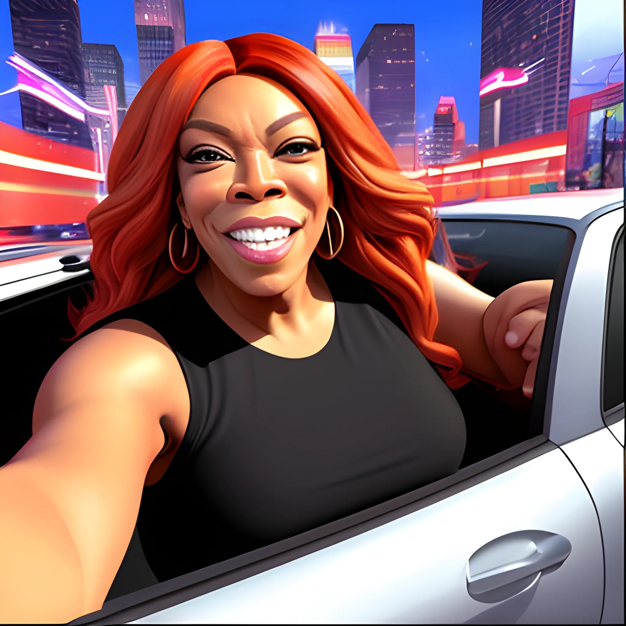 wendy williams taking a selfie as a car is about to run her over, 3D
