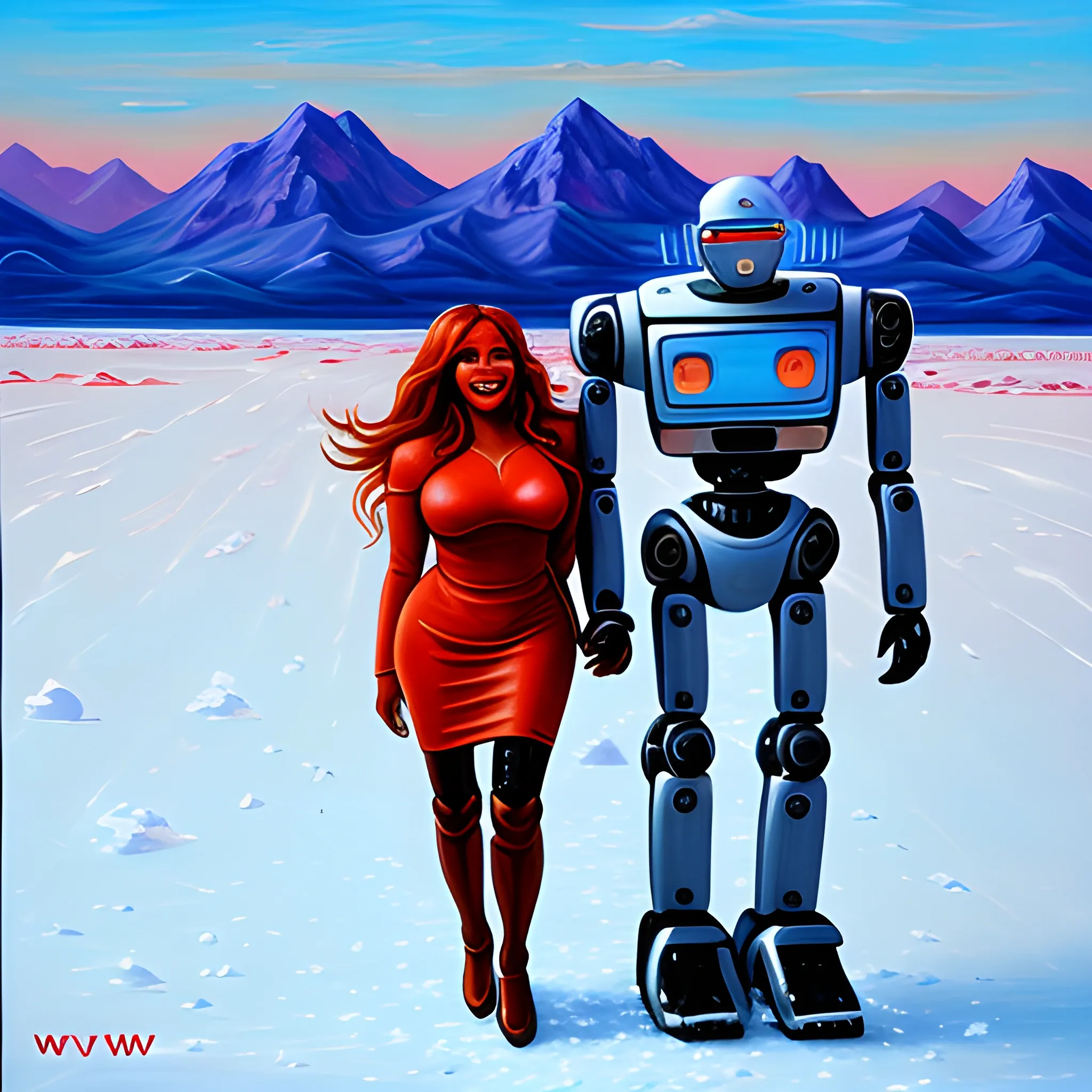 wendy williams being picked up by a robot in an icy desert, oil painting