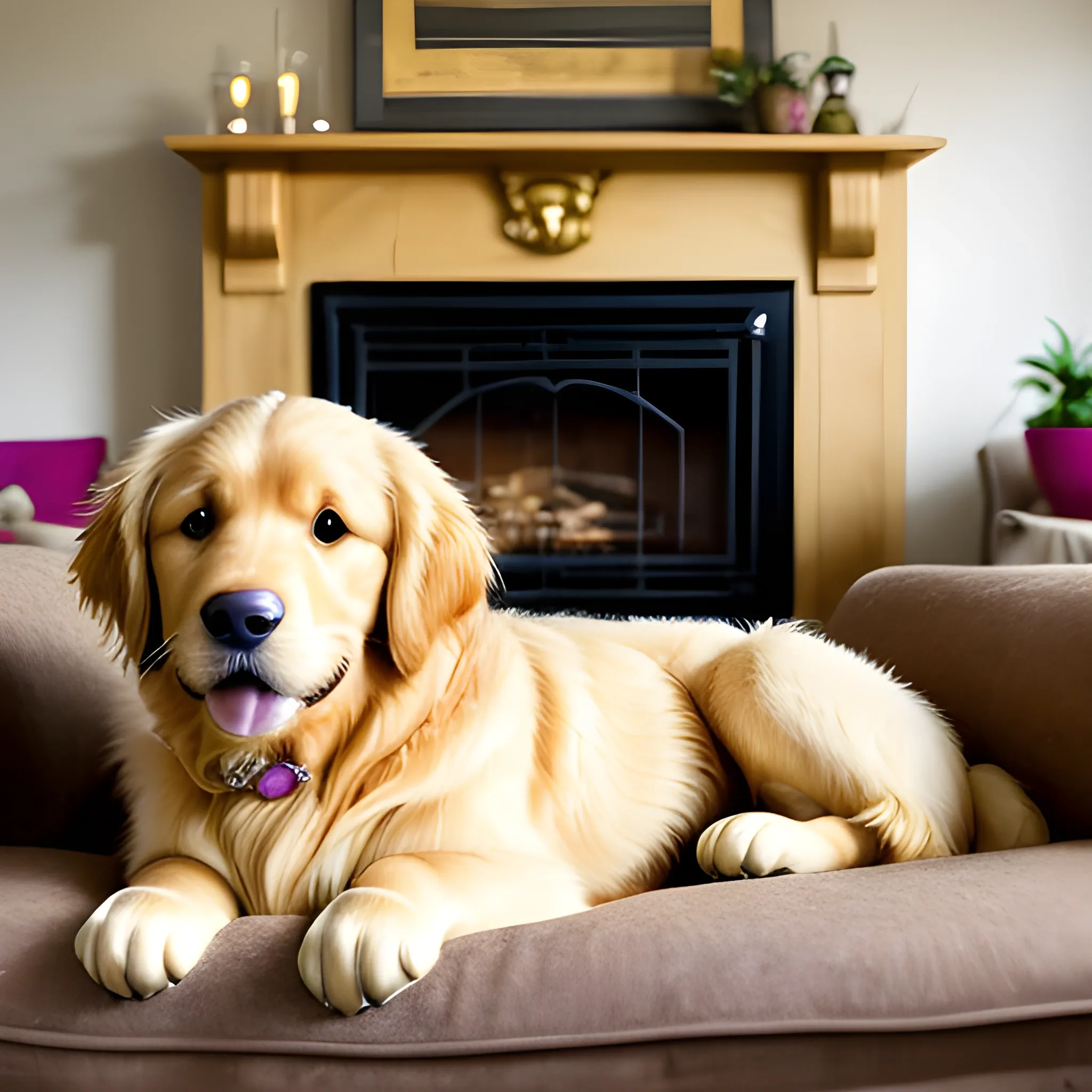 Create a picture of a Golden Retriever lying in a cuddly customer cushion in a cozy living room and looking into the camera.