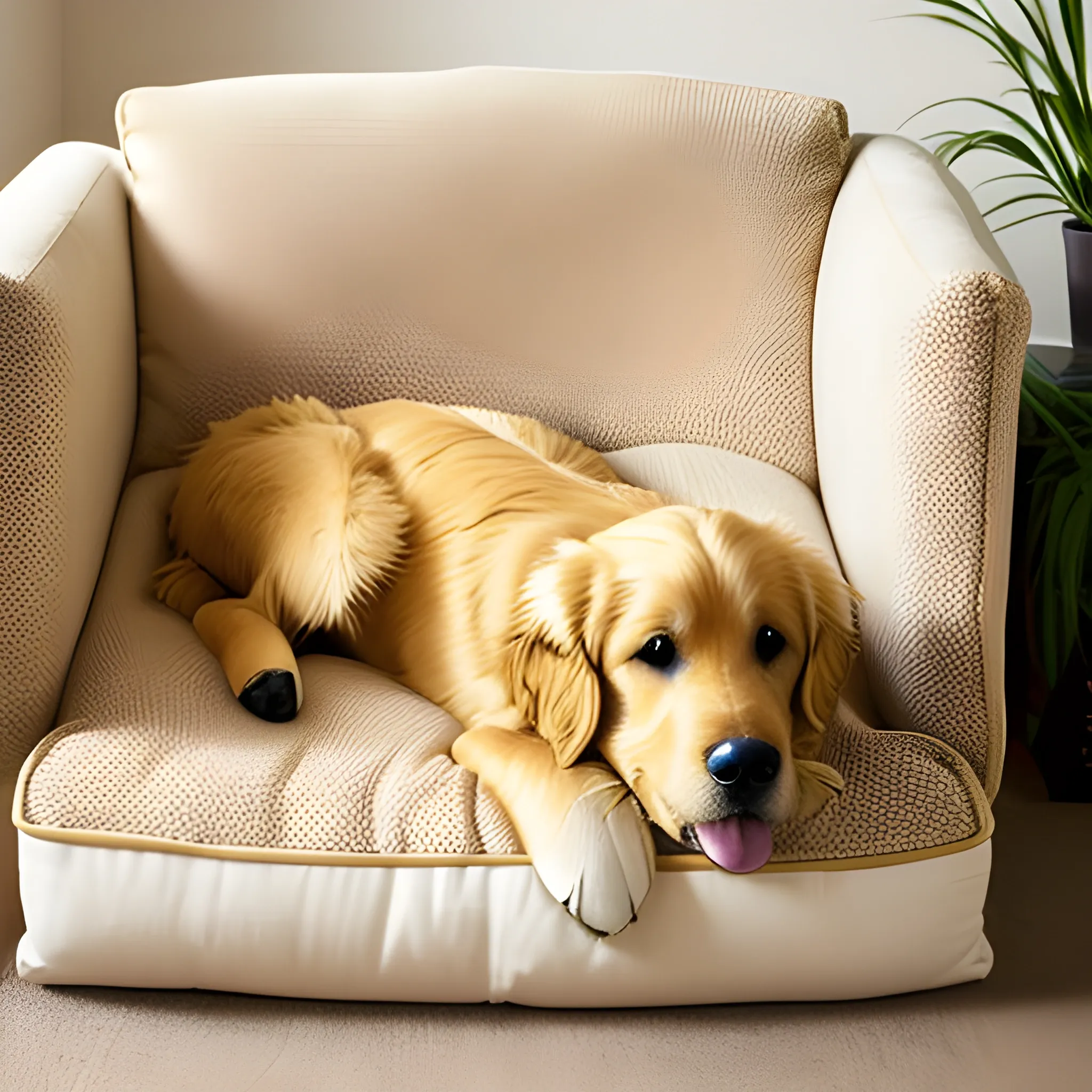 Create a picture of a Golden Retriever lying in a cozy dog cushion in a cozy living room and looking into the camera.