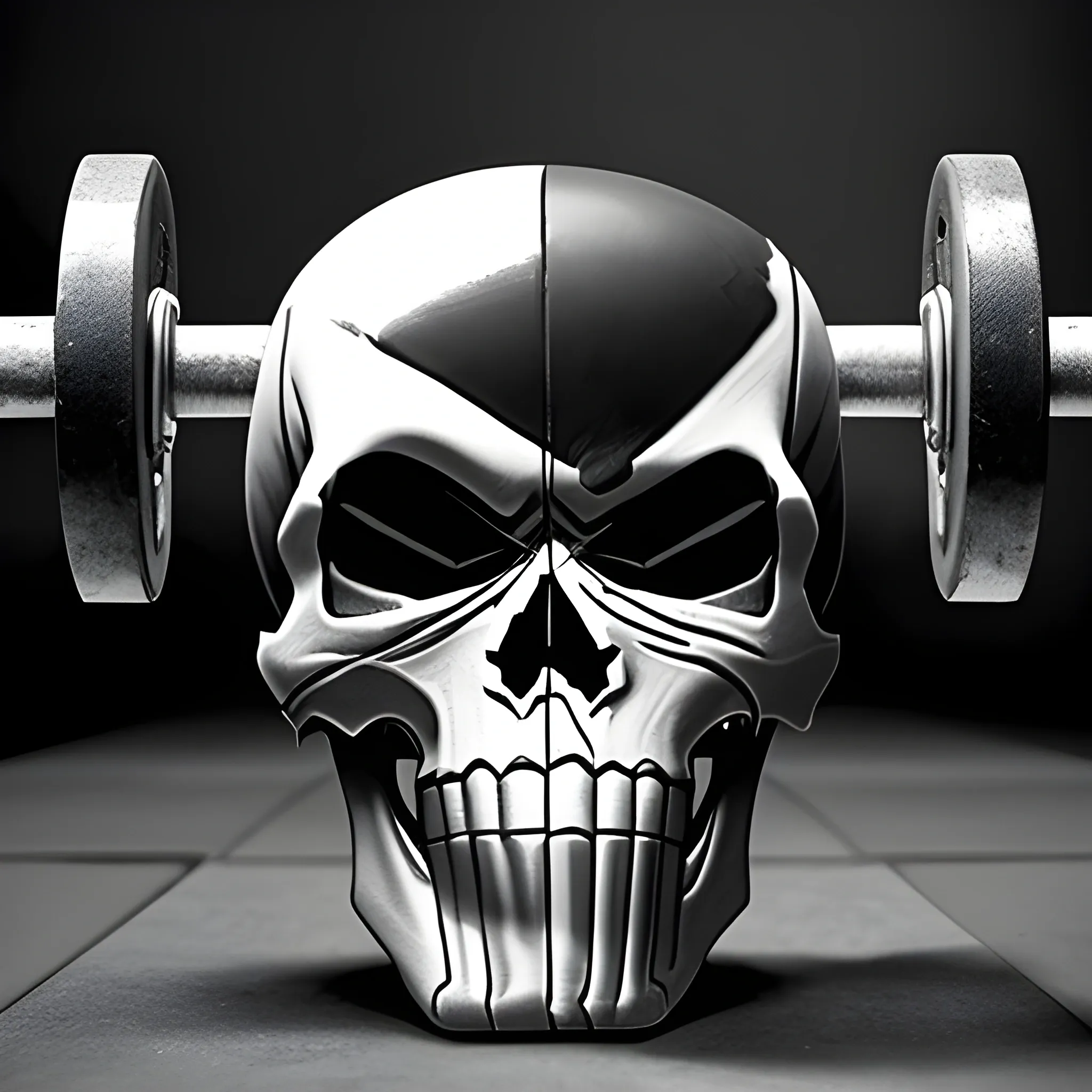 "The Punisher" skull with Olympic weightlifting bar in the teeth