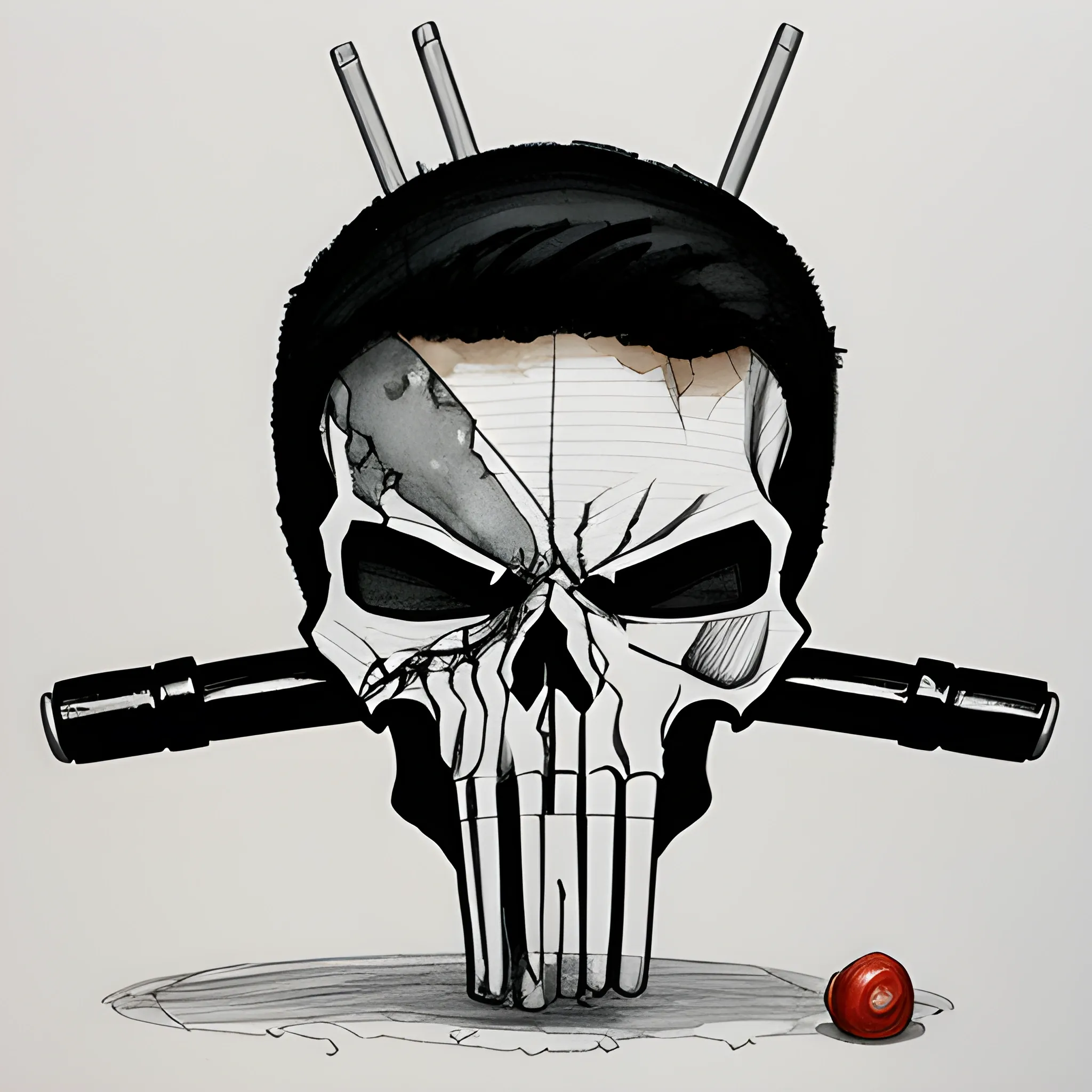 "The Punisher" skull with Olympic weightlifting bar in the teeth, 3D, Pencil Sketch, Cartoon, Water Color, Water Color