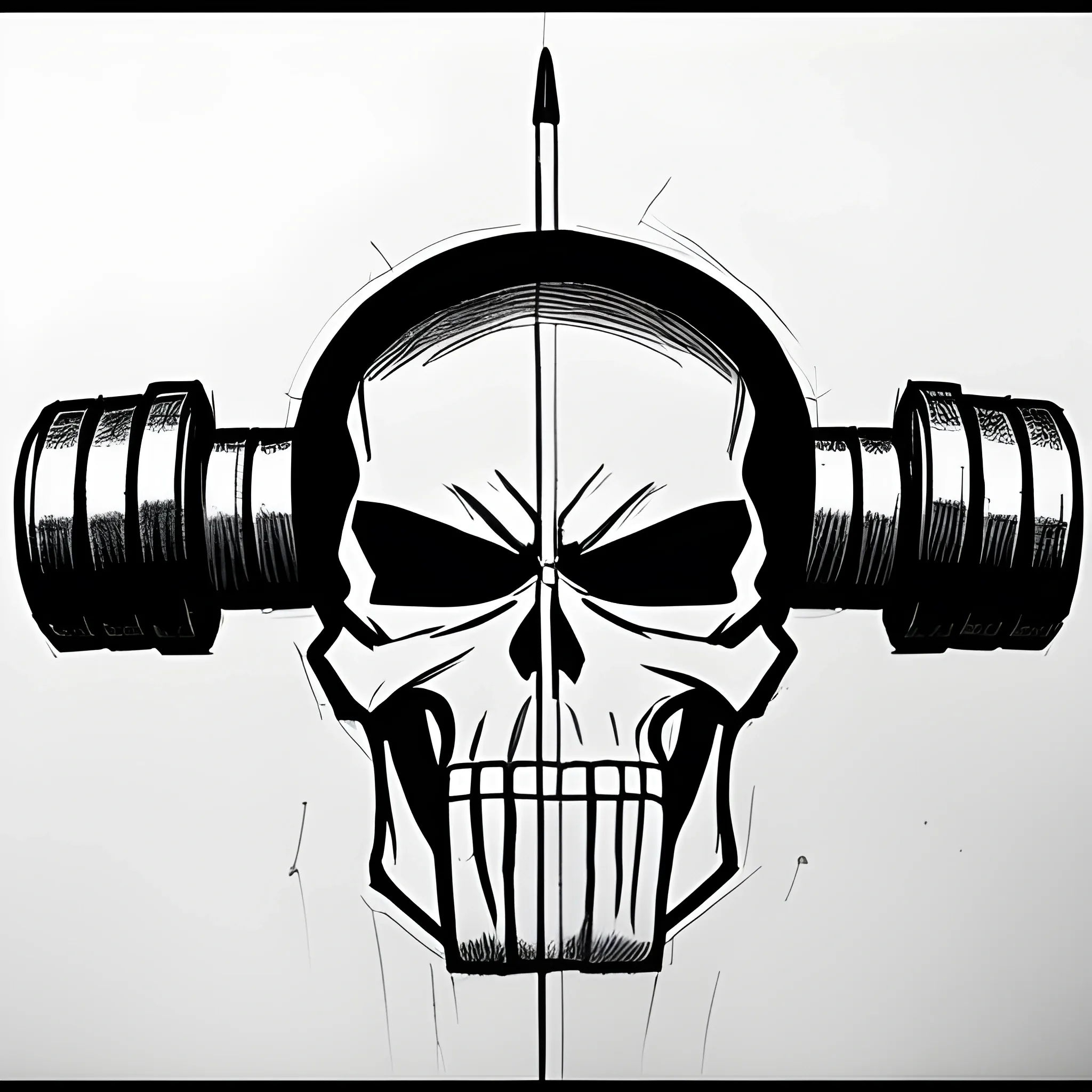 "The Punisher" skull with Olympic weightlifting bar in the teeth, , Pencil Sketch, Cartoon