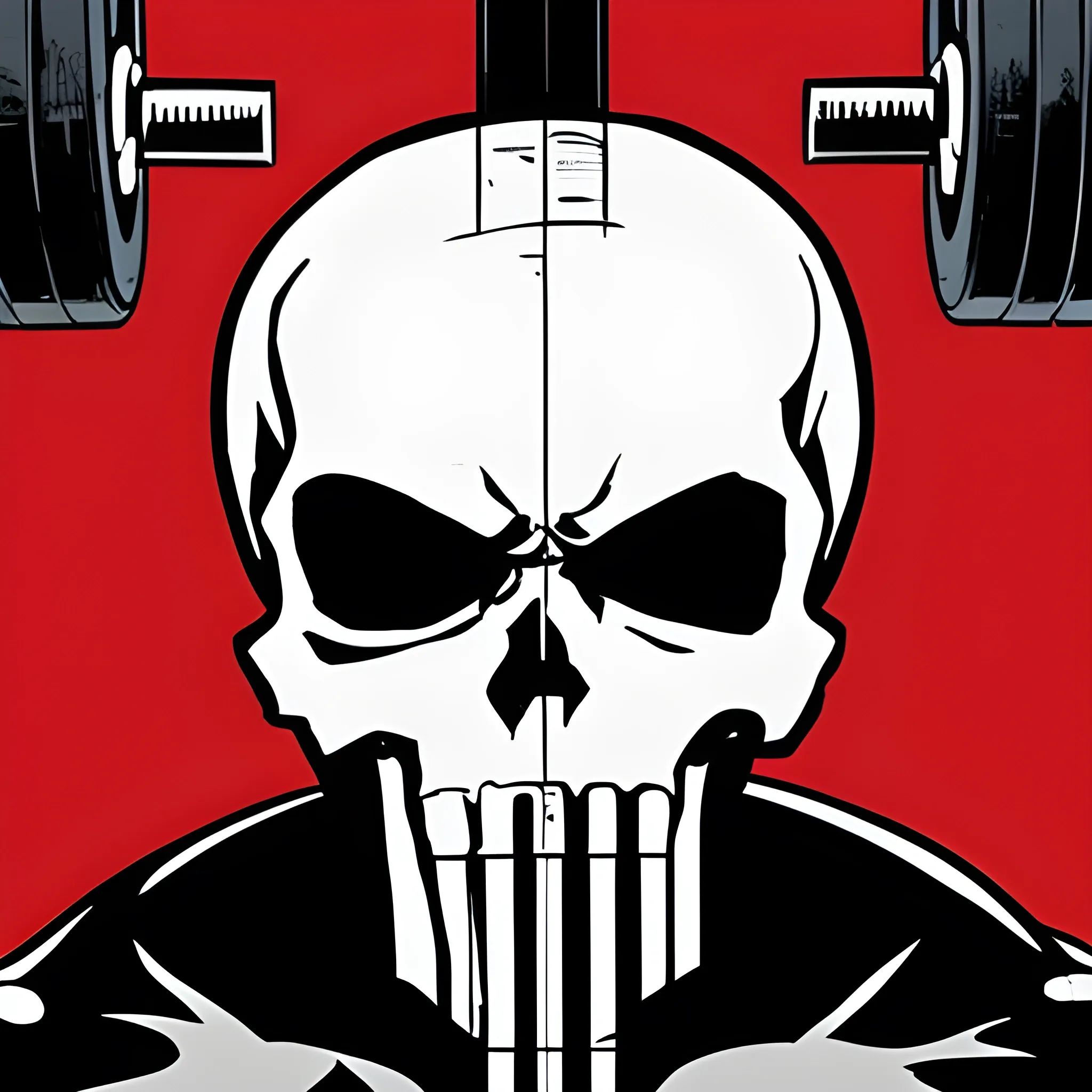 "The Punisher" skull biting an Olympic weightlifting bar