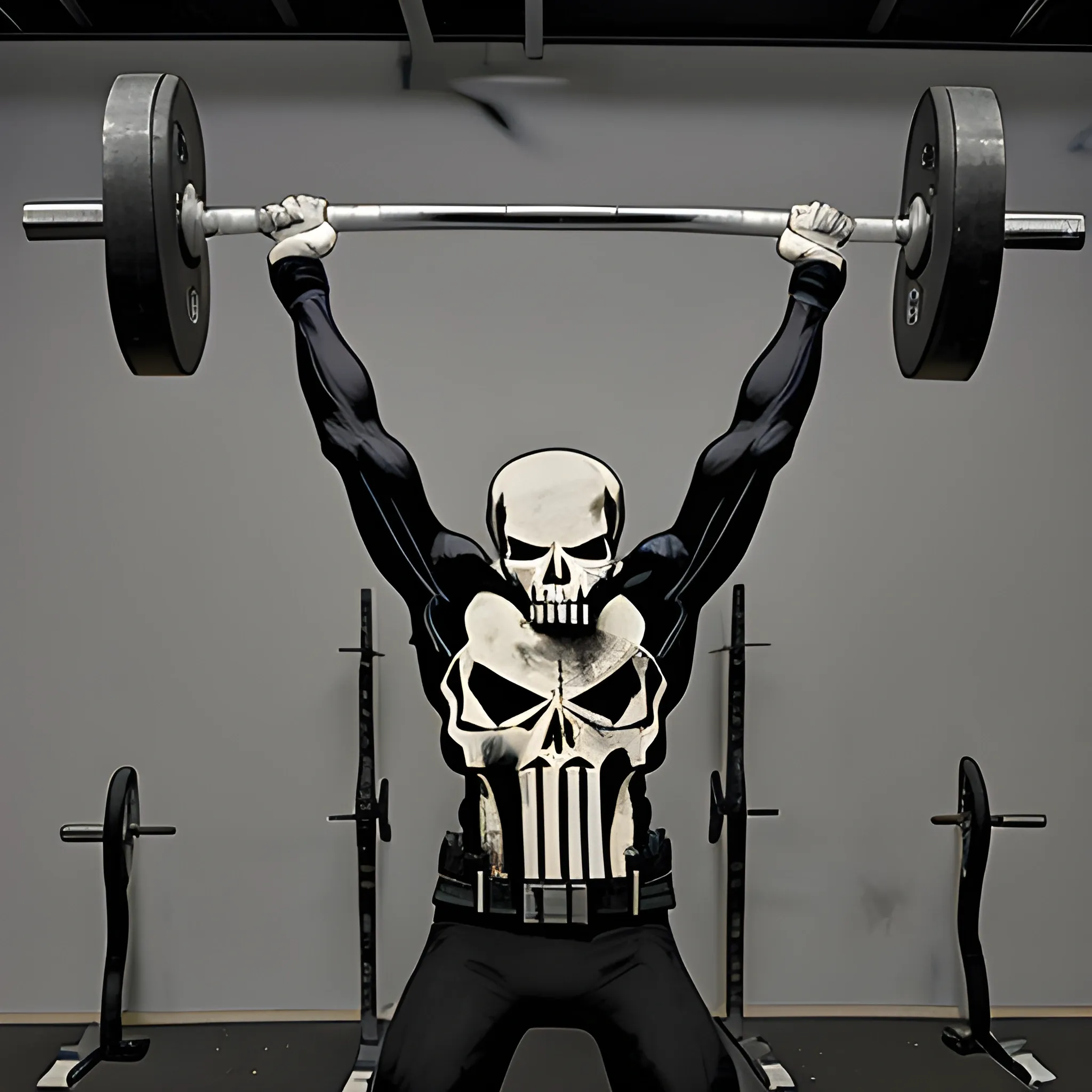 "The Punisher" skull biting an Olympic weightlifting bar