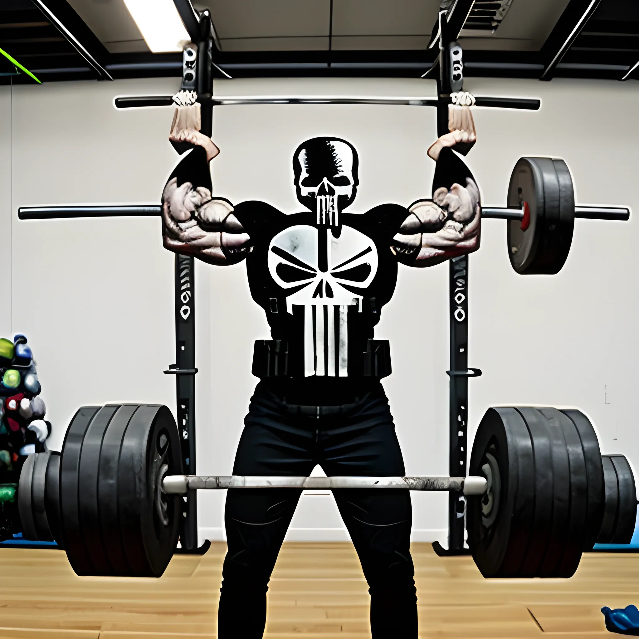 "The Punisher" skull biting an Olympic weightlifting bar