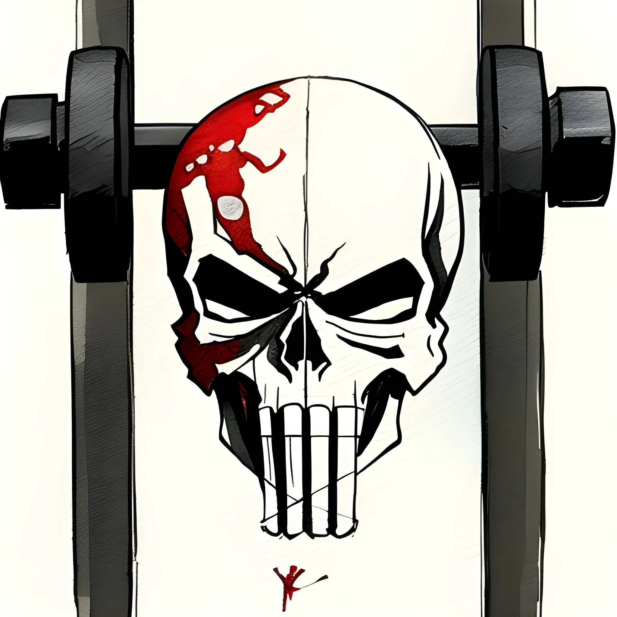 "The Punisher" skull biting an Olympic weightlifting bar, Water Color, Pencil Sketch, Cartoon