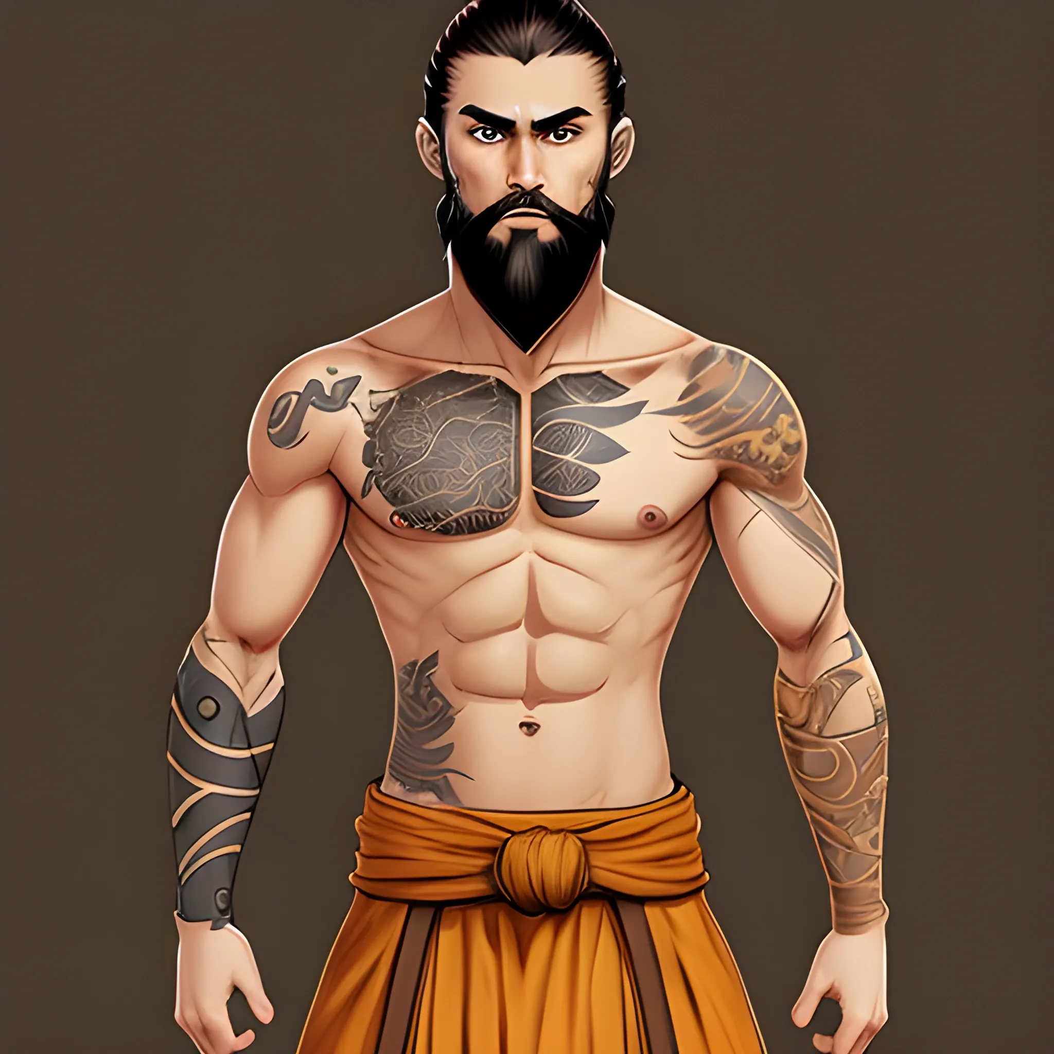 Dnd character, human monk, brown hair, man bun, thin beard, brown eyes, tattoos, 20 years old, show standing up full body, light cloths, body slim like bruce lee. Do not use NSFW content