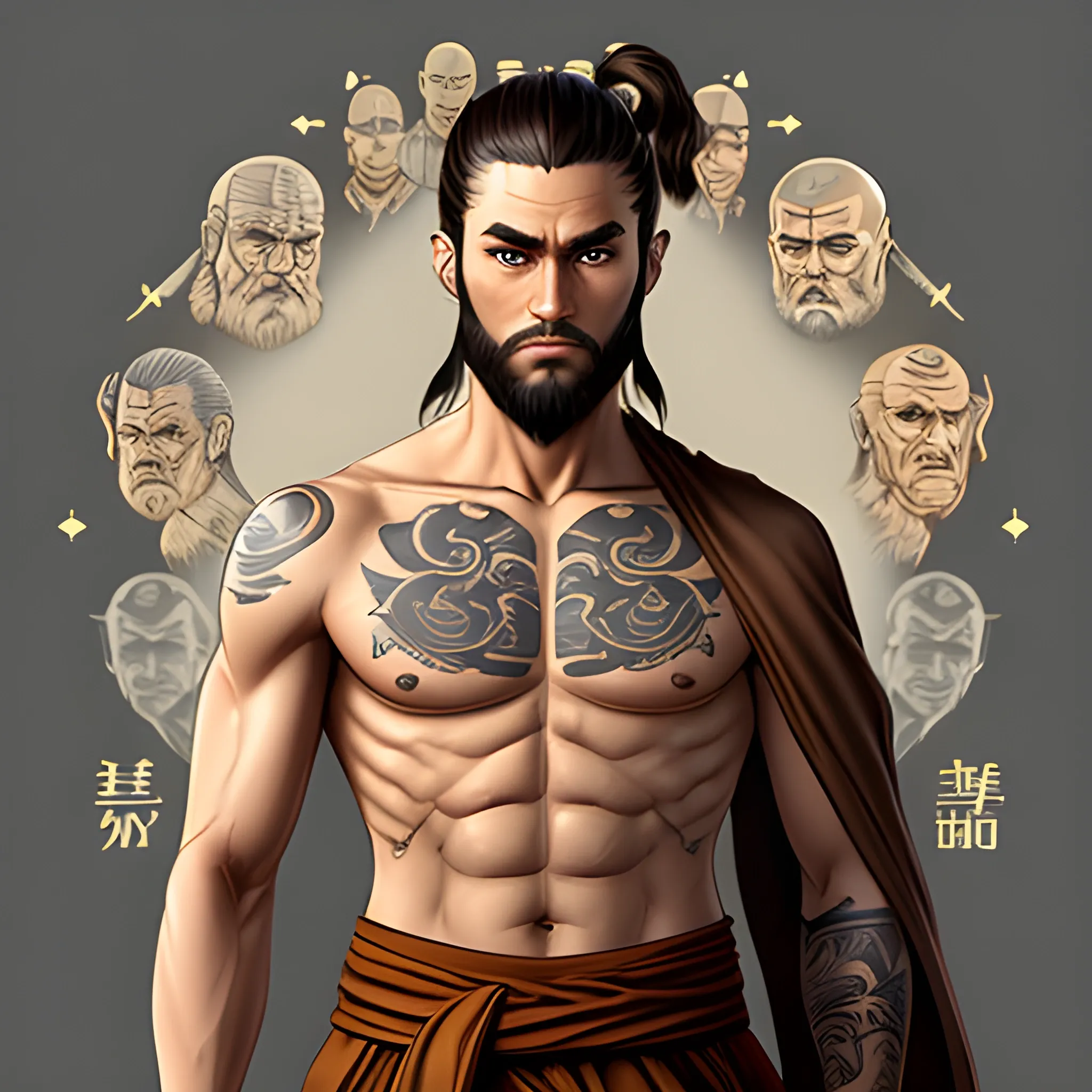 Dnd character, human monk, brown hair, man bun, thin beard, brown eyes, tattoos, 20 years old, show standing up. Show full body on image, light cloths, body slim like bruce lee. Do not use NSFW content