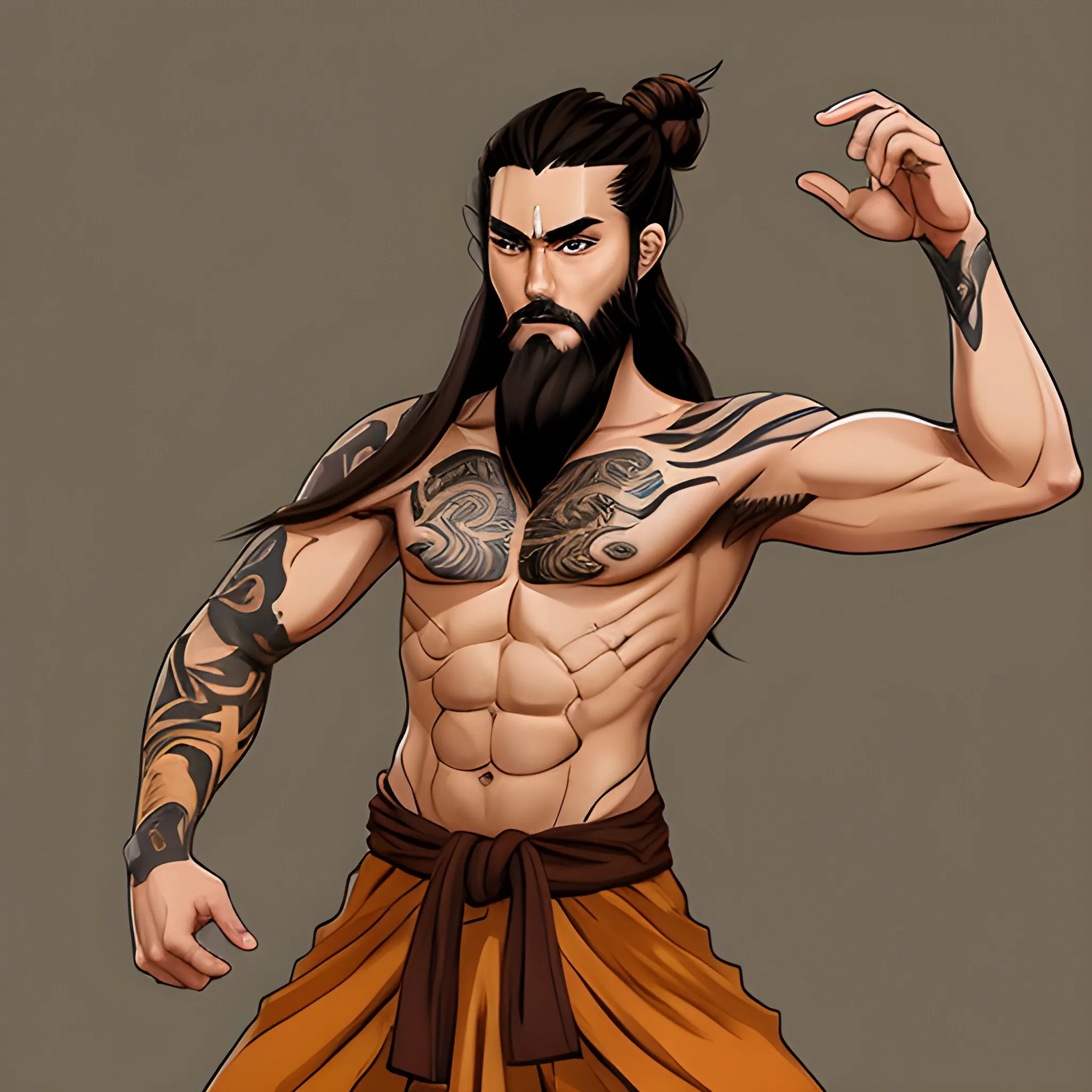 Dnd character, human monk, brown hair, man bun behind his head and long hair falling from it, thin beard, brown eyes, tattoos, 20 years old, show standing up. Show full body on image, light cloths, body slim like bruce lee. Do not use NSFW content